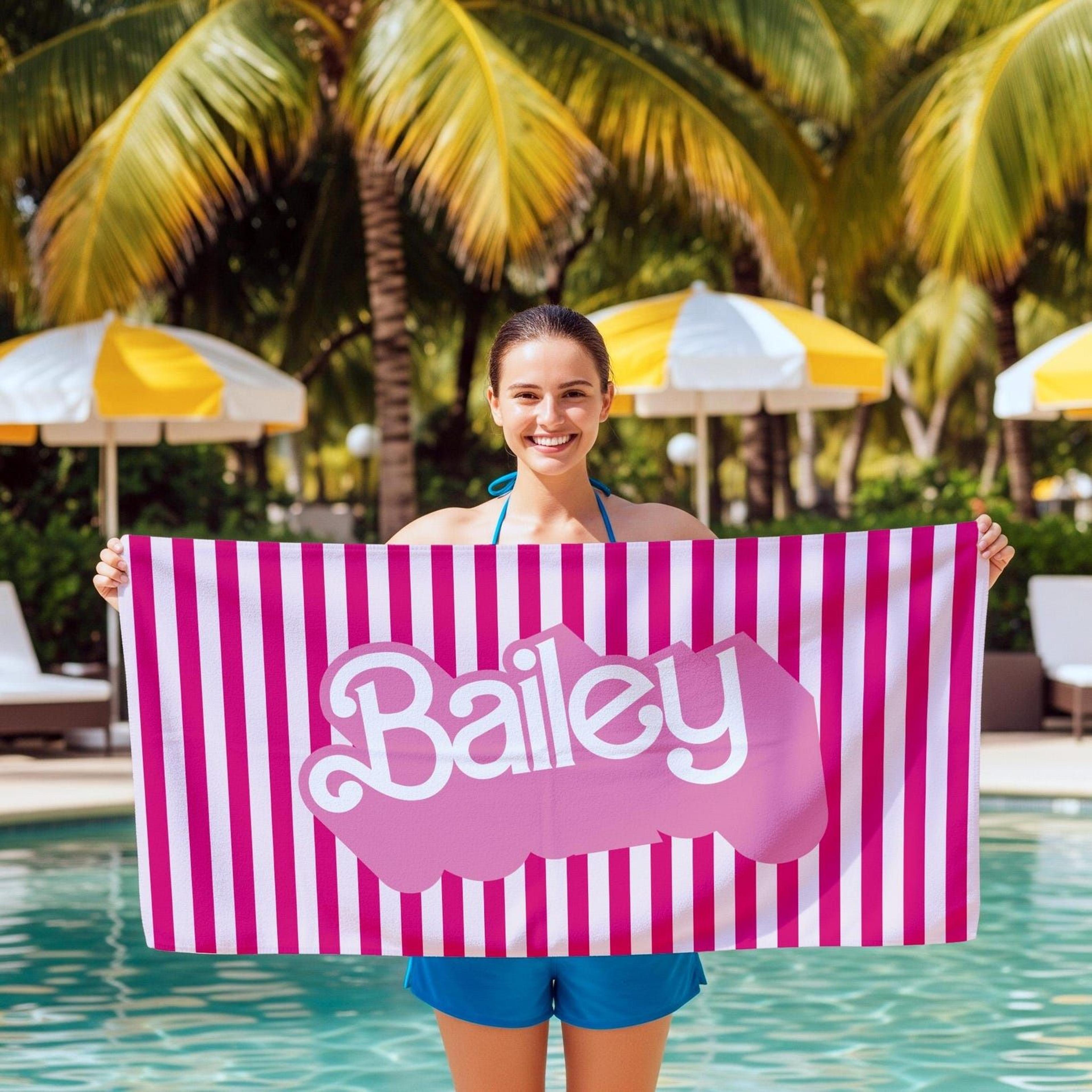 personalized pink stripe beach towel with name, retro summer pool & party gift