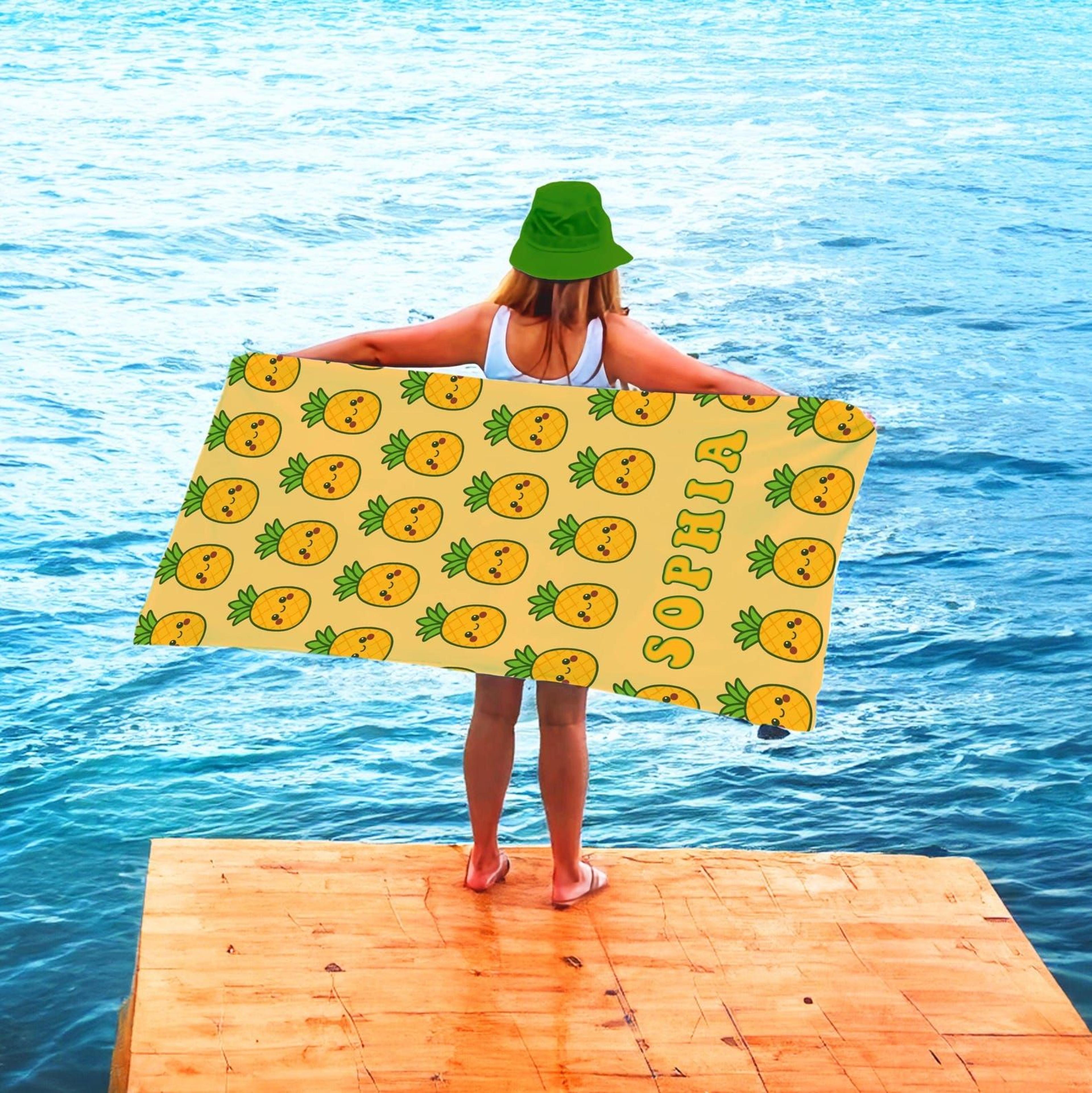 personalized kawaii pineapple beach towel with name, tropical vacation & pool gift