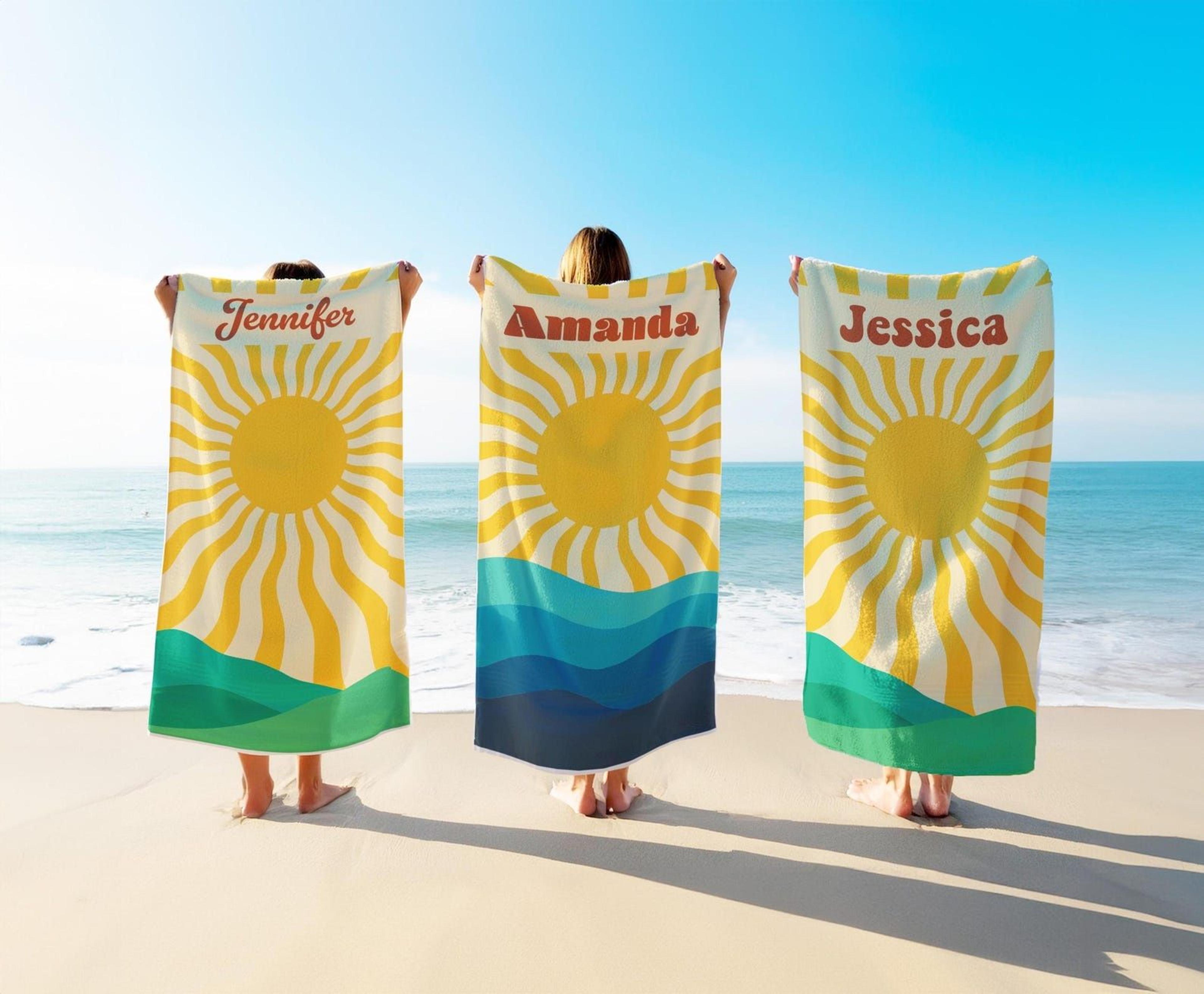 personalized retro sun & waves beach towel with custom name | vintage summer pool towel