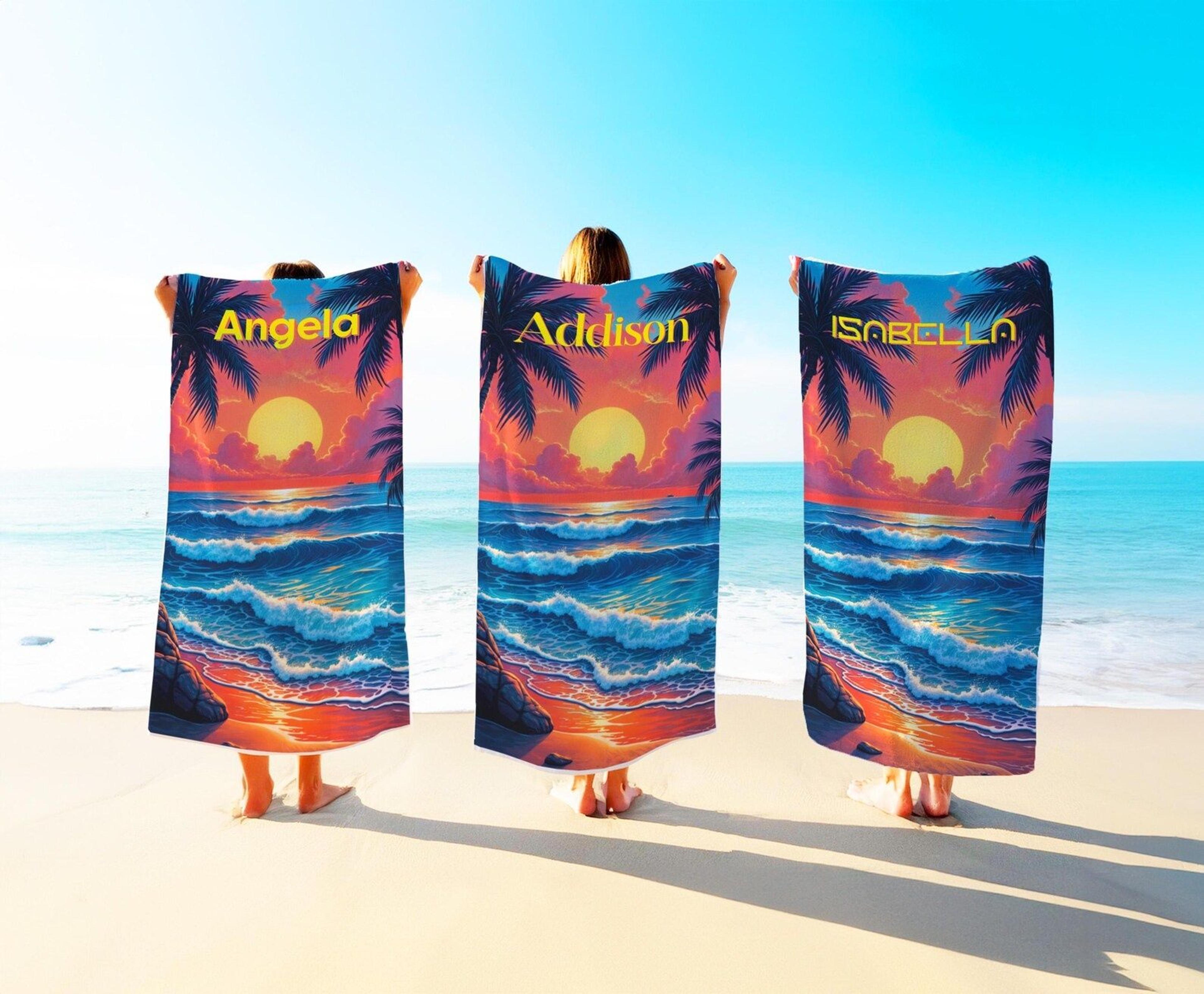personalized sunset ocean waves beach towel with custom name | tropical vacation & pool towel