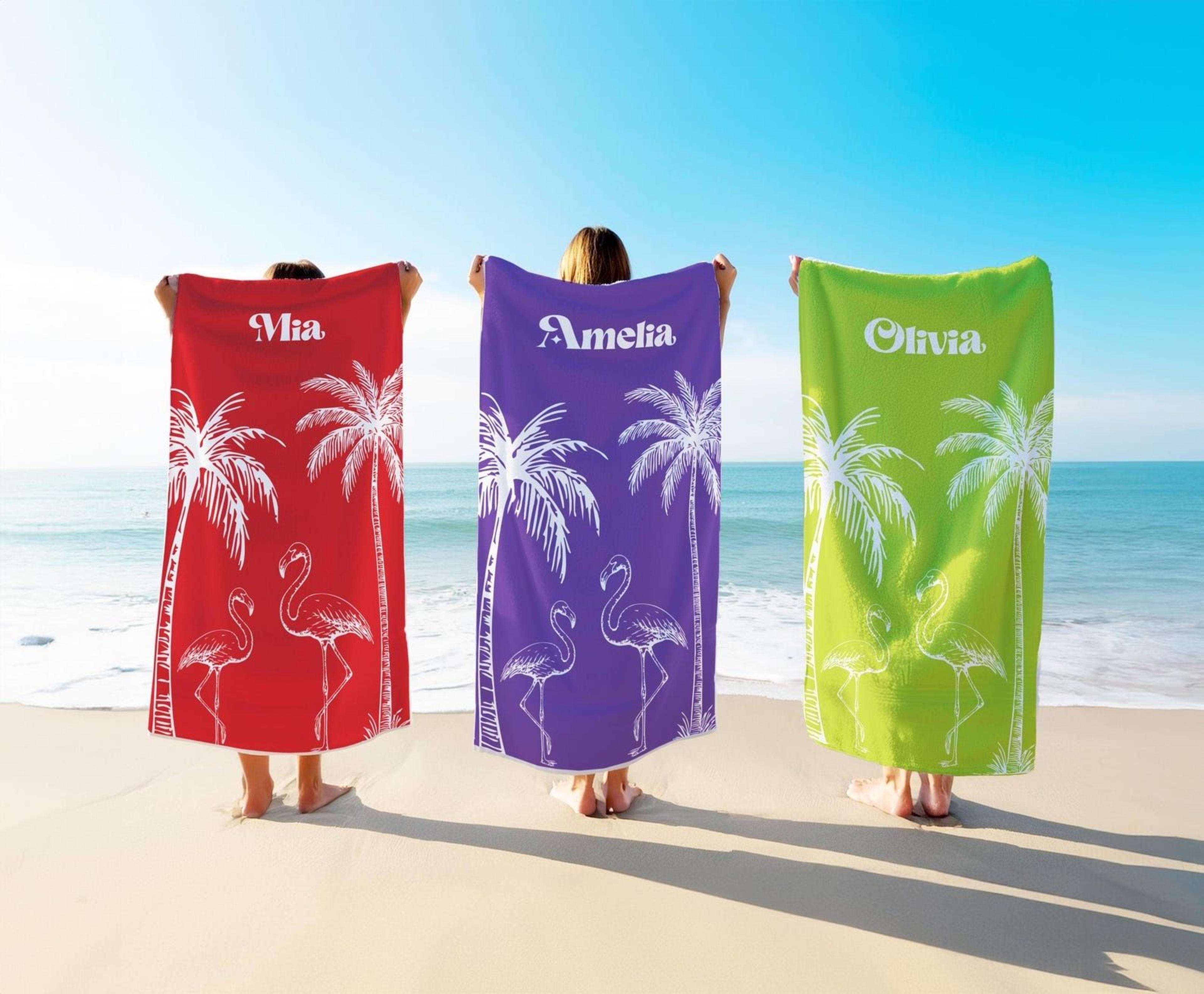 personalized flamingo beach towel with custom name | tropical palm pool & vacation towel