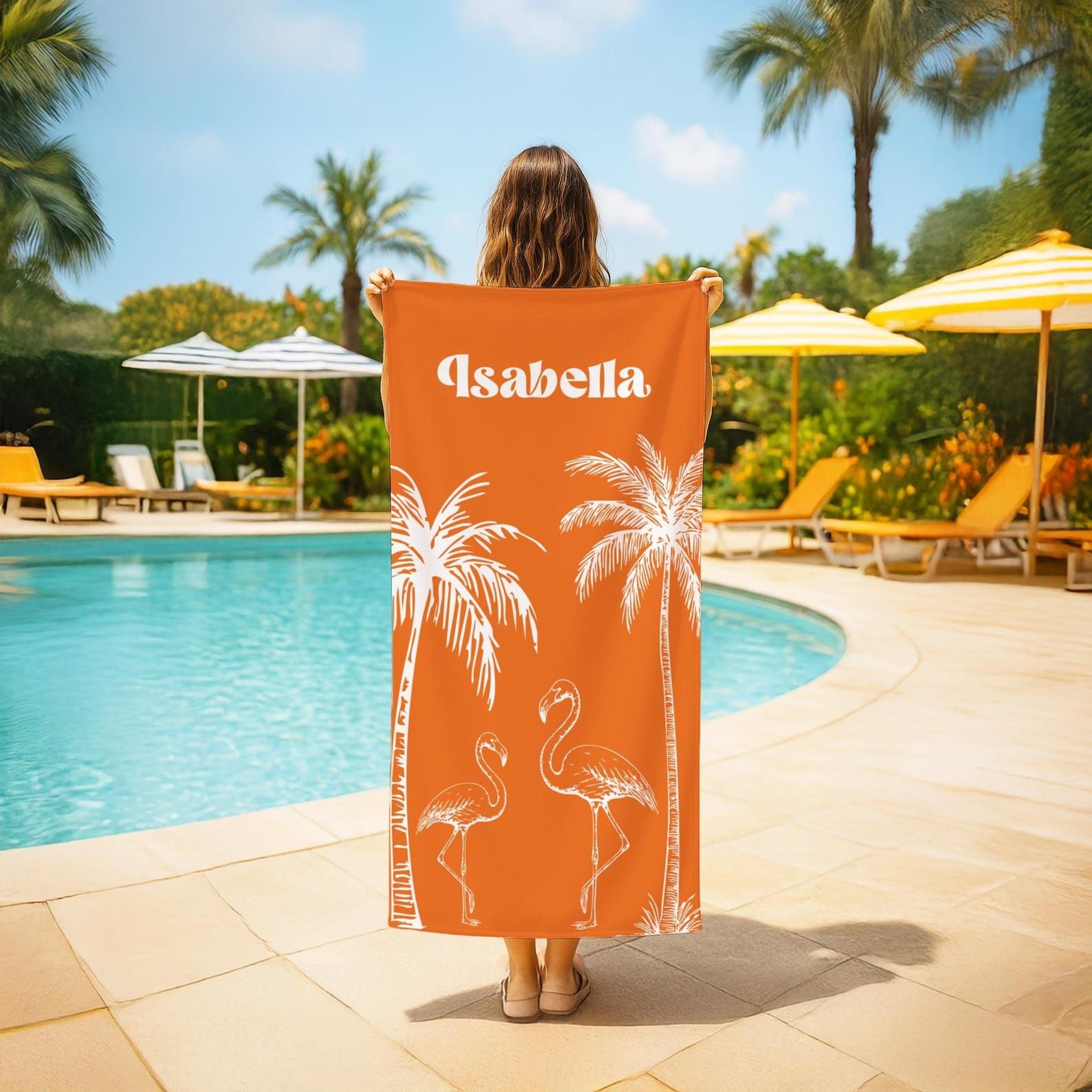 personalized tropical flamingo beach towel with custom name | palm tree pool & vacation towel