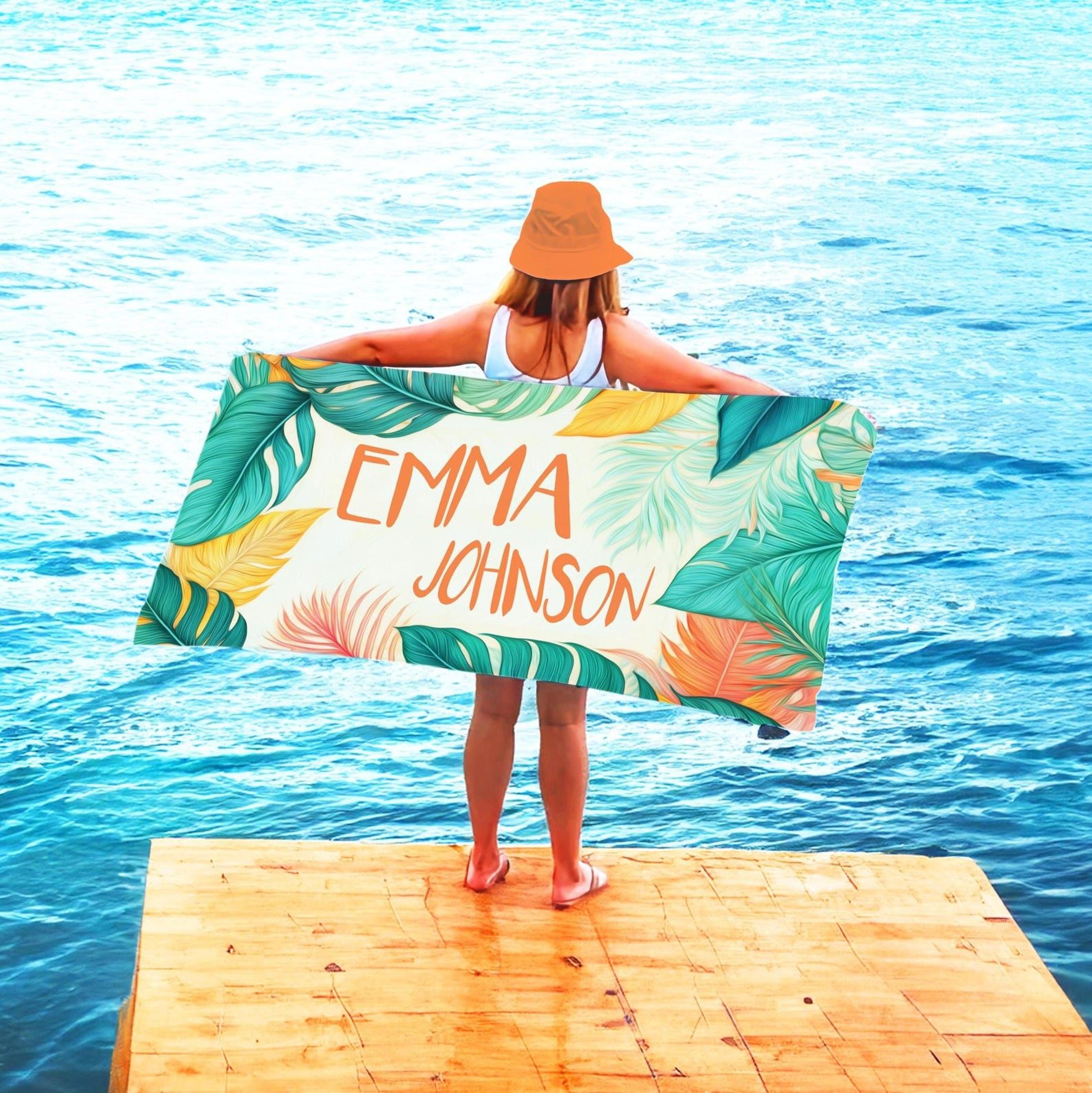 personalized tropical beach towel with custom name | quick-dry summer vacation pool towel