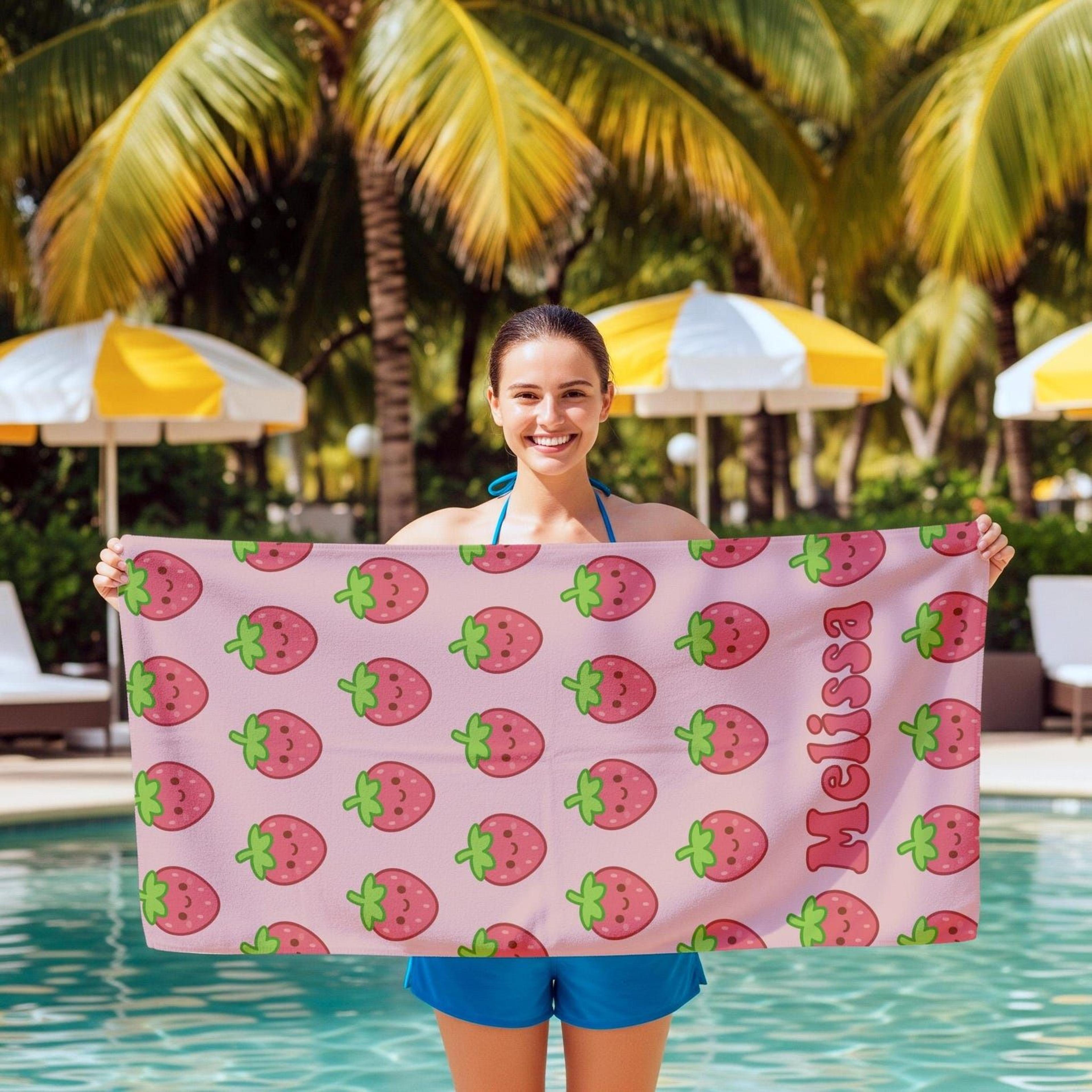 custom kawaii strawberry beach towel with personalized name | cute summer pool & vacation towel