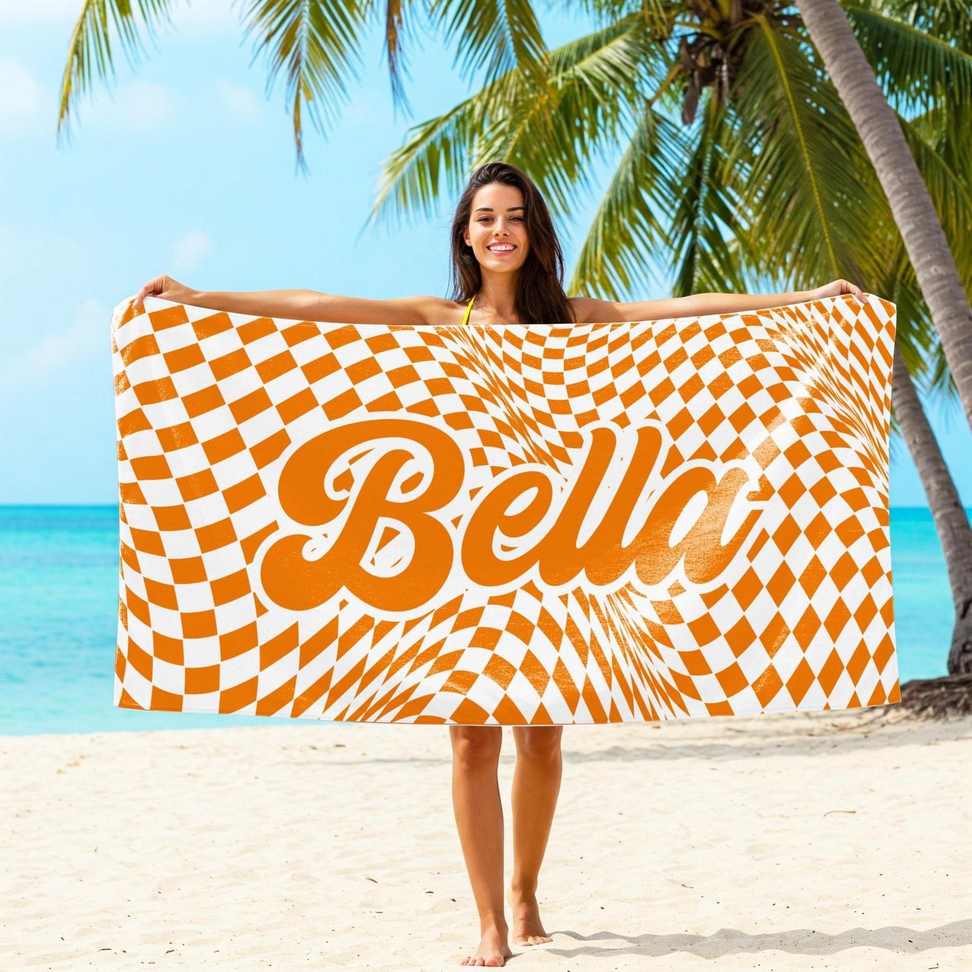 personalized retro checkerboard beach towel with custom name | trendy summer pool & vacation towel