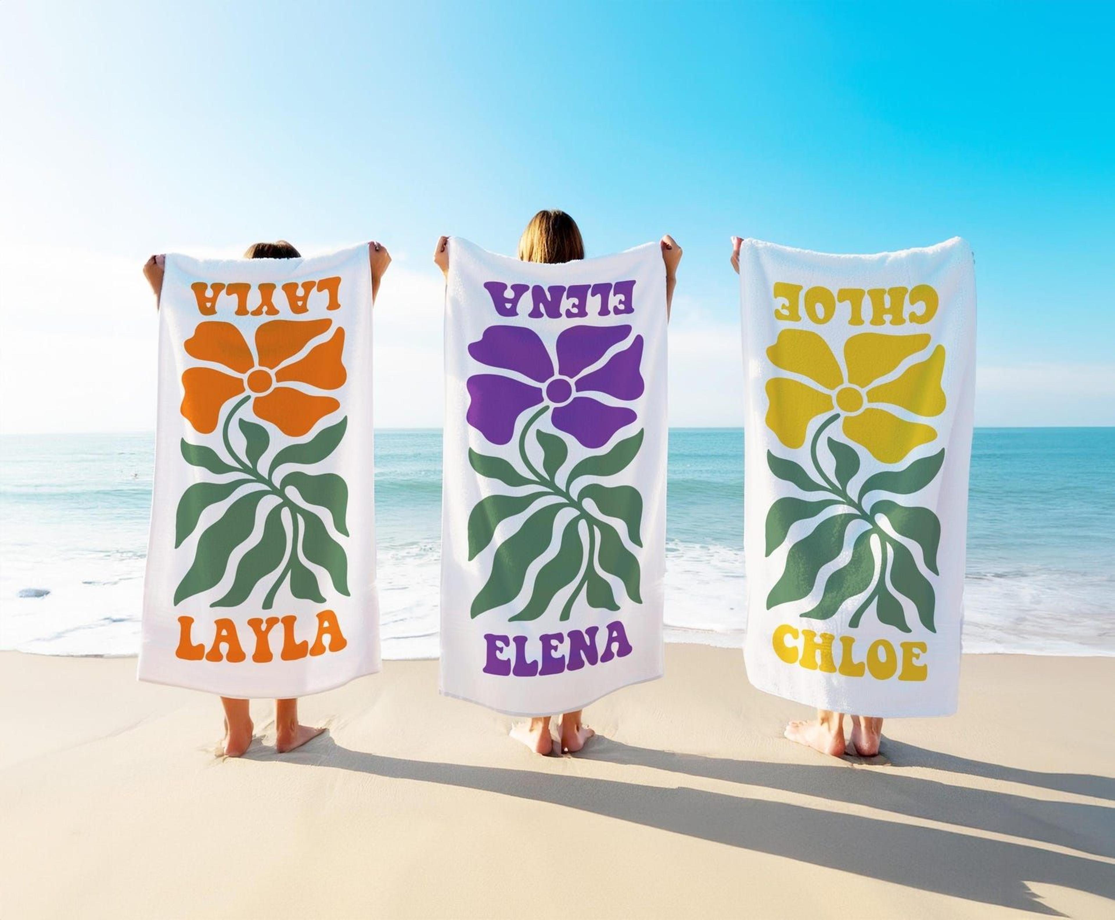 personalized retro floral beach towel with custom name | vintage summer pool & vacation towel