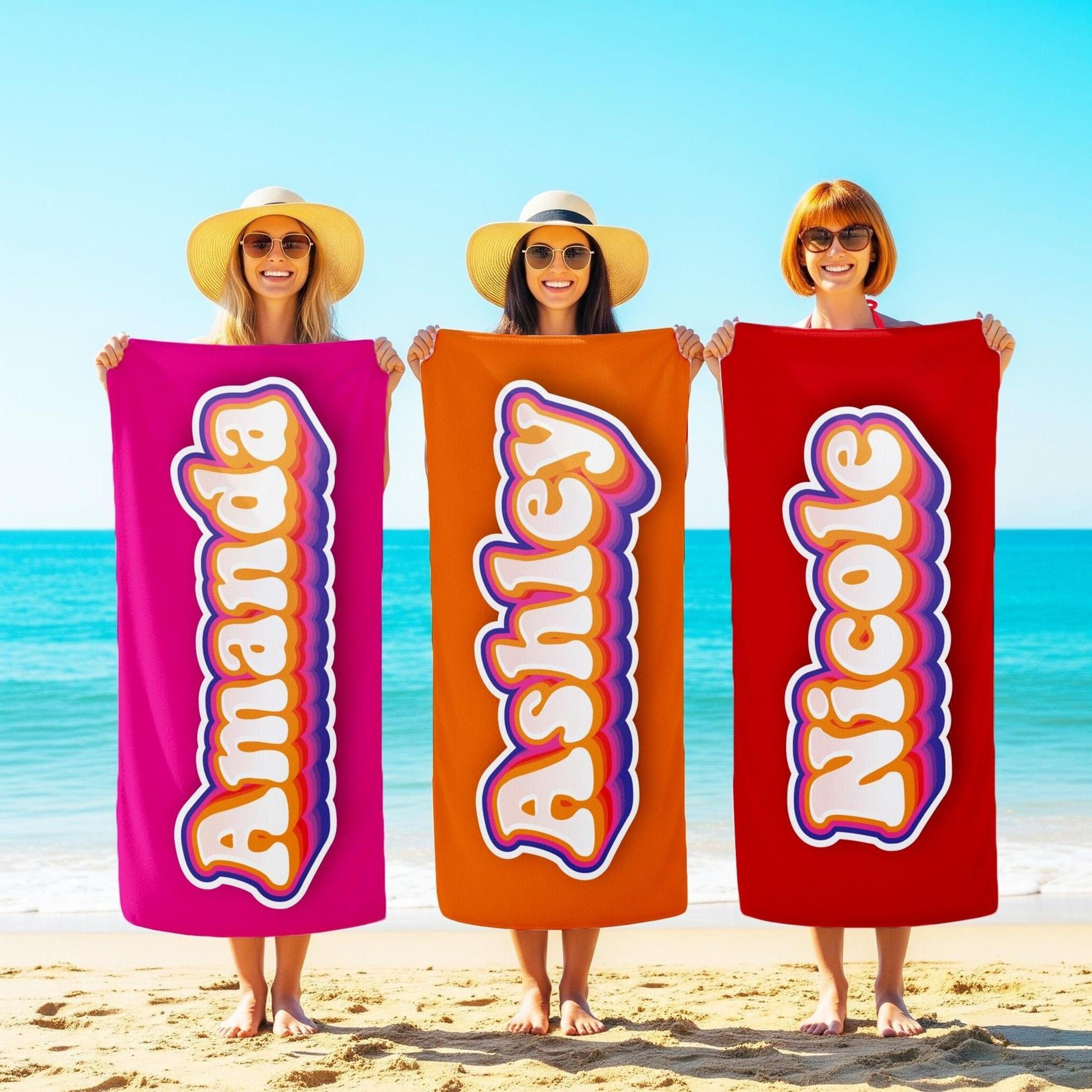 personalized groovy 70s beach towel with custom name | retro summer pool & vacation towel