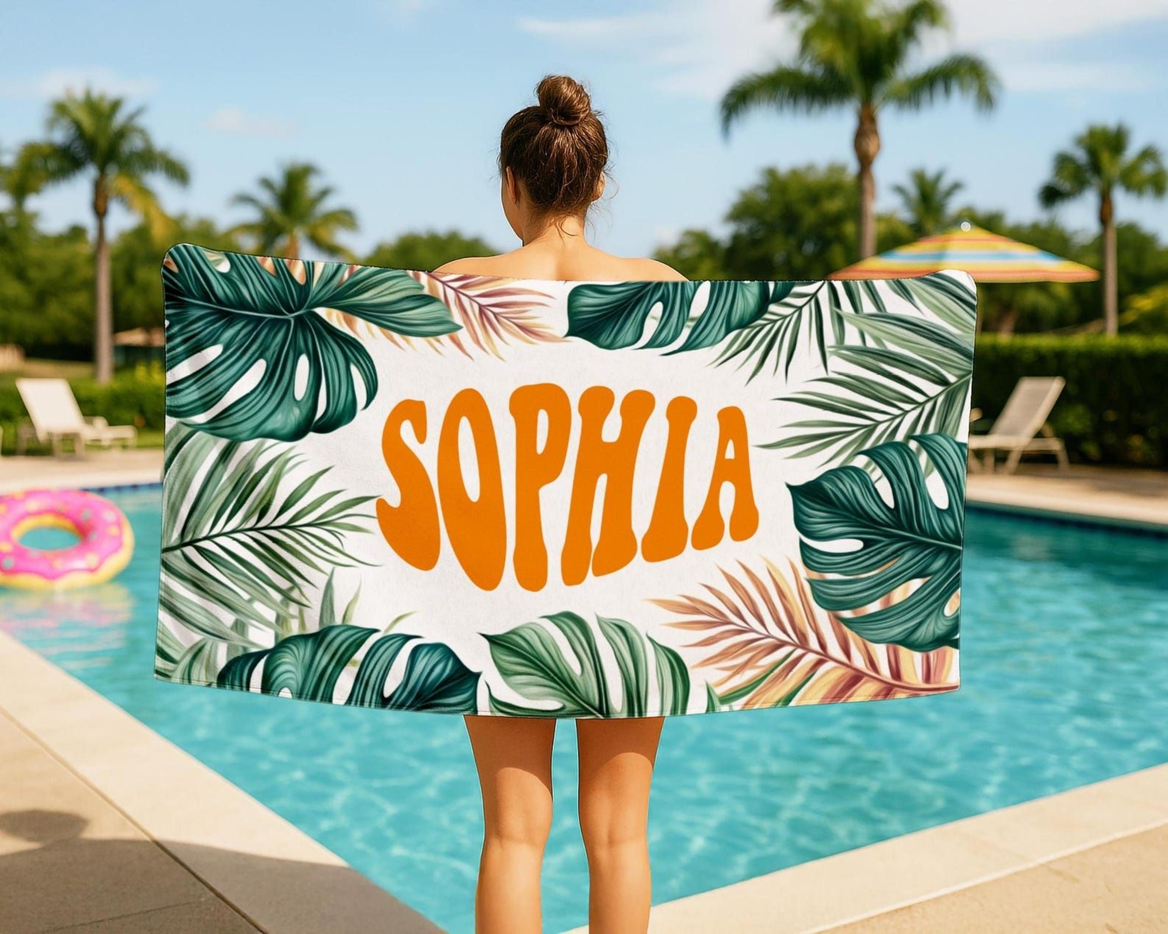 personalized tropical palm leaf beach towel with custom name | tropical vacation pool towel