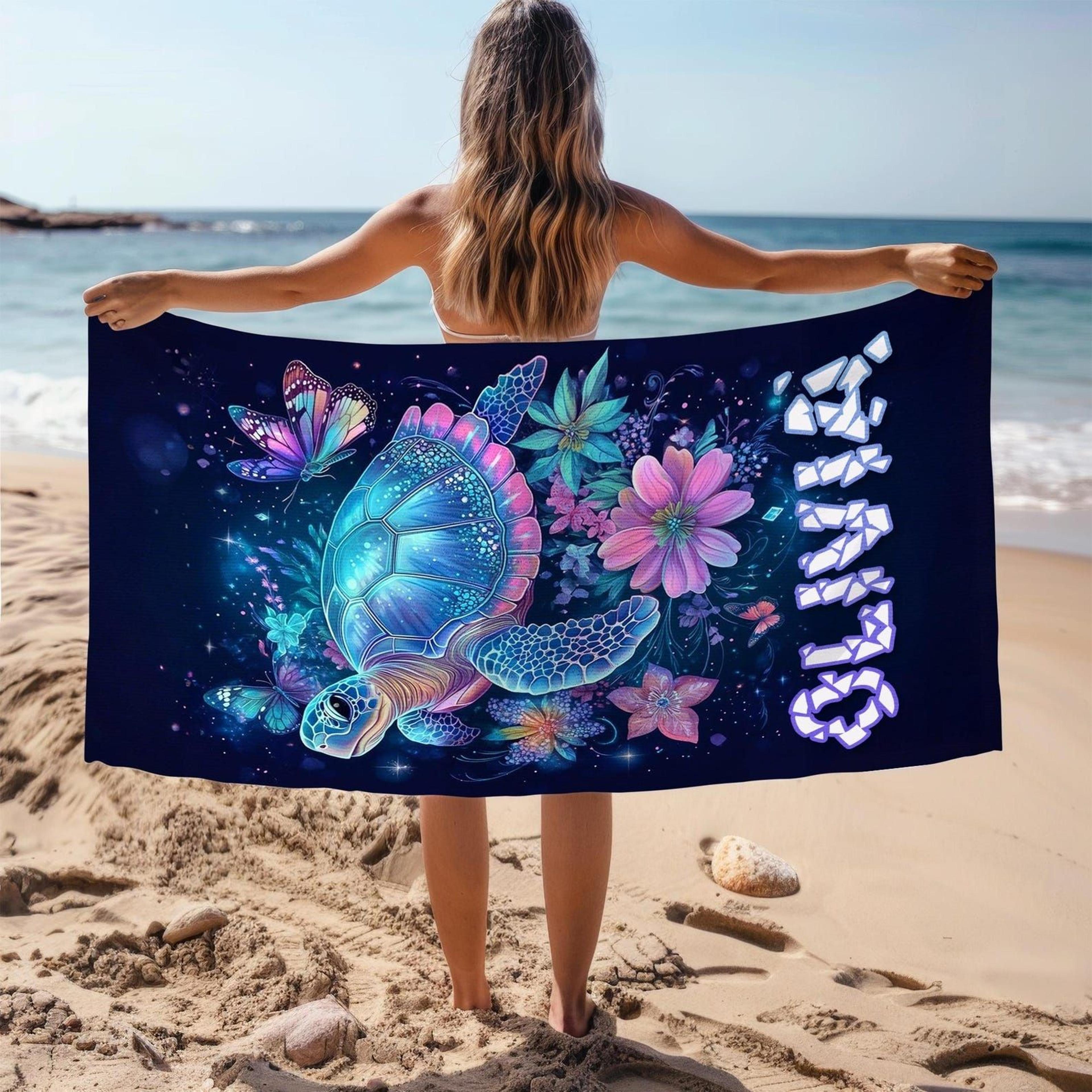 personalized sea turtle beach towel with custom name | coastal ocean pool & vacation towel