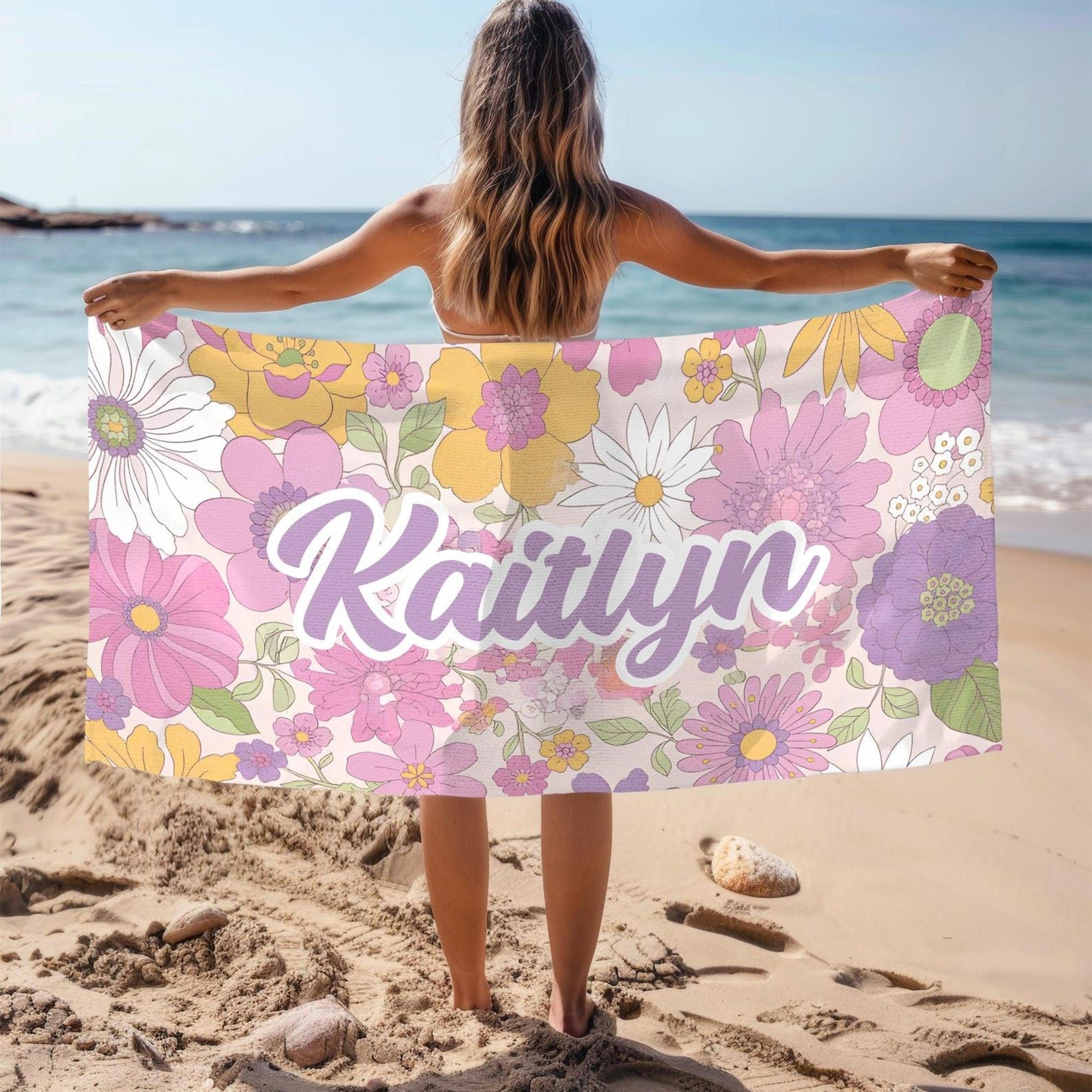 personalized floral beach towel with custom name | flower pool towel for summer & gifts