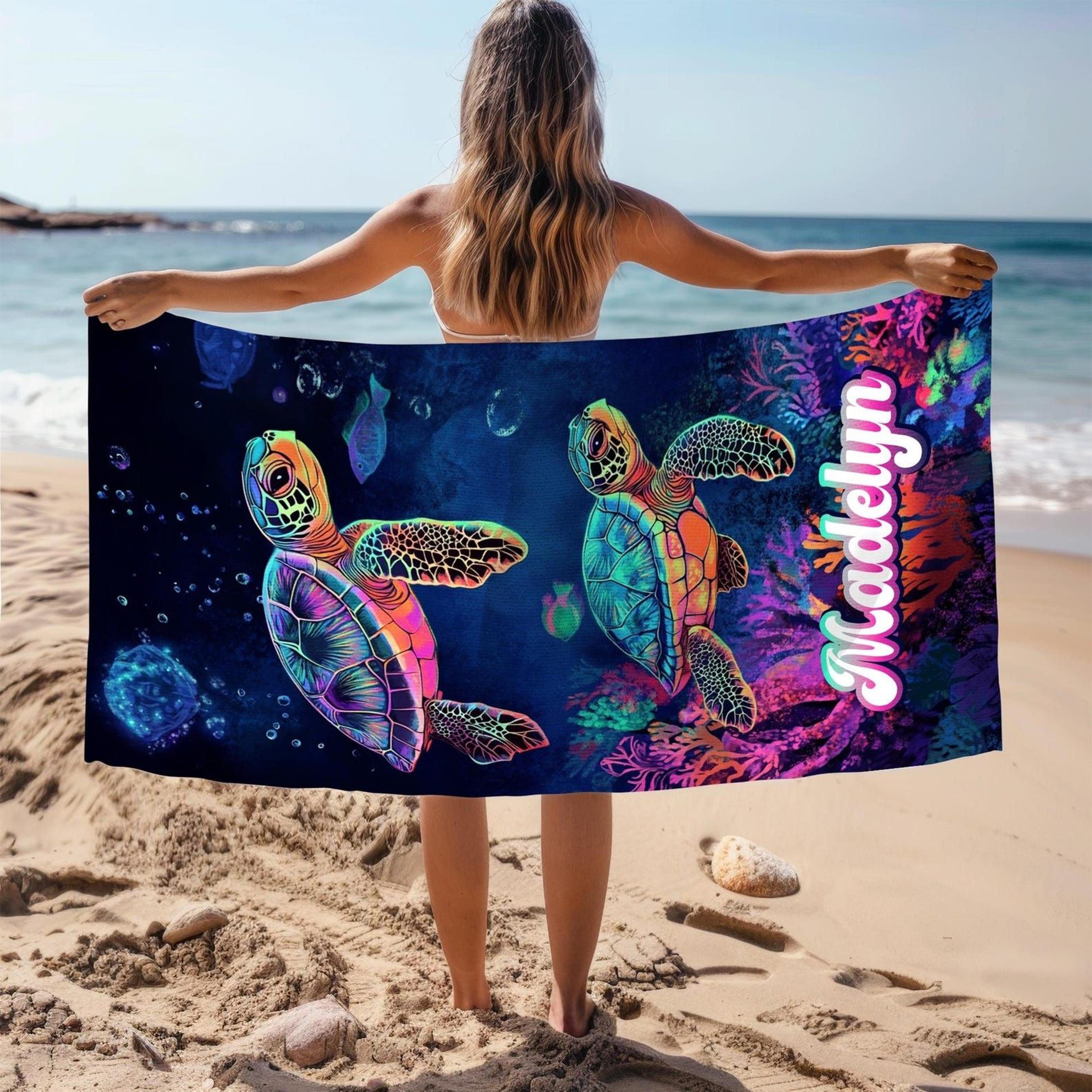 personalized turtle beach towel with custom name | coastal pool towel for summer & vacation gifts