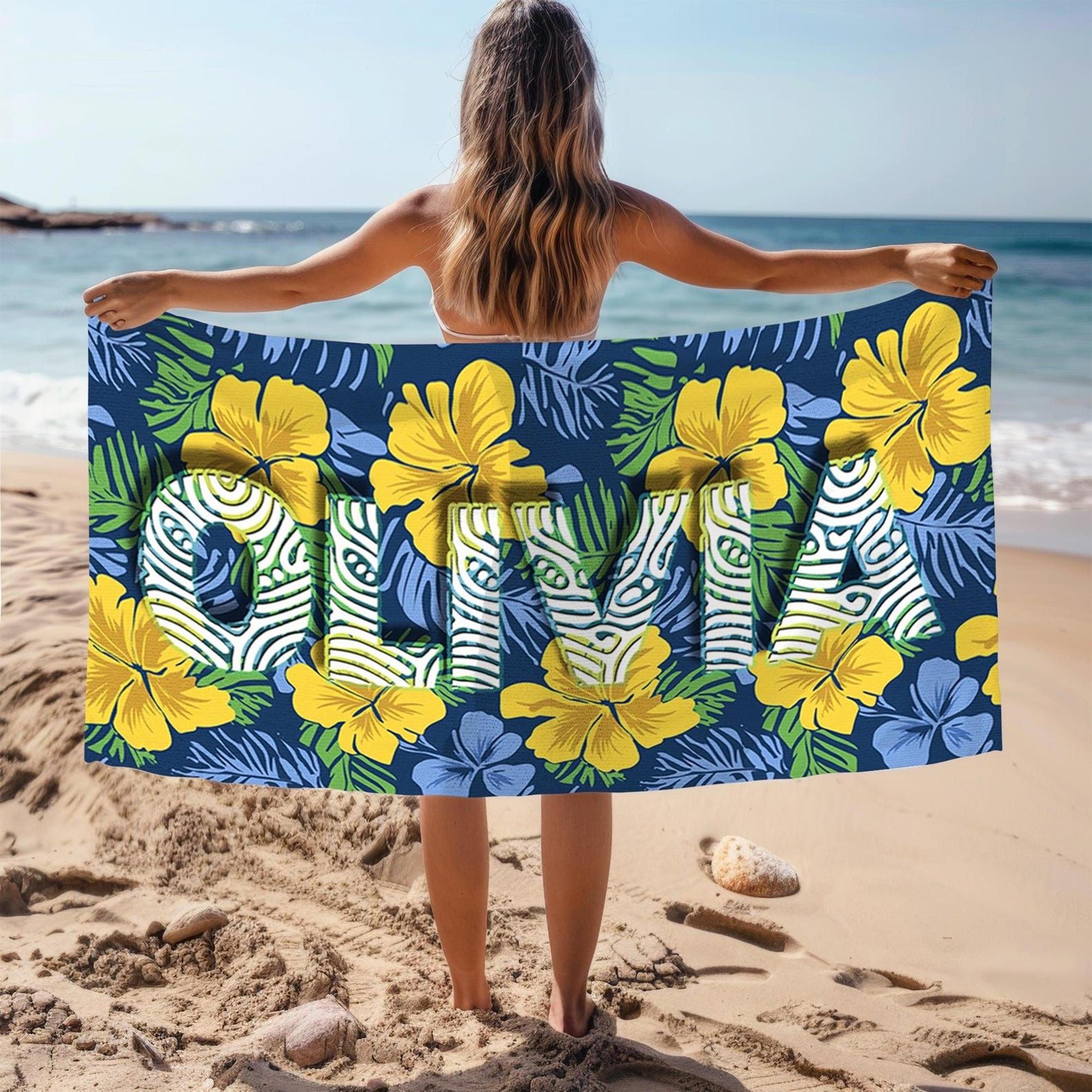 personalized hawaii hibiscus beach towel with custom name | tropical floral pool & vacation towel