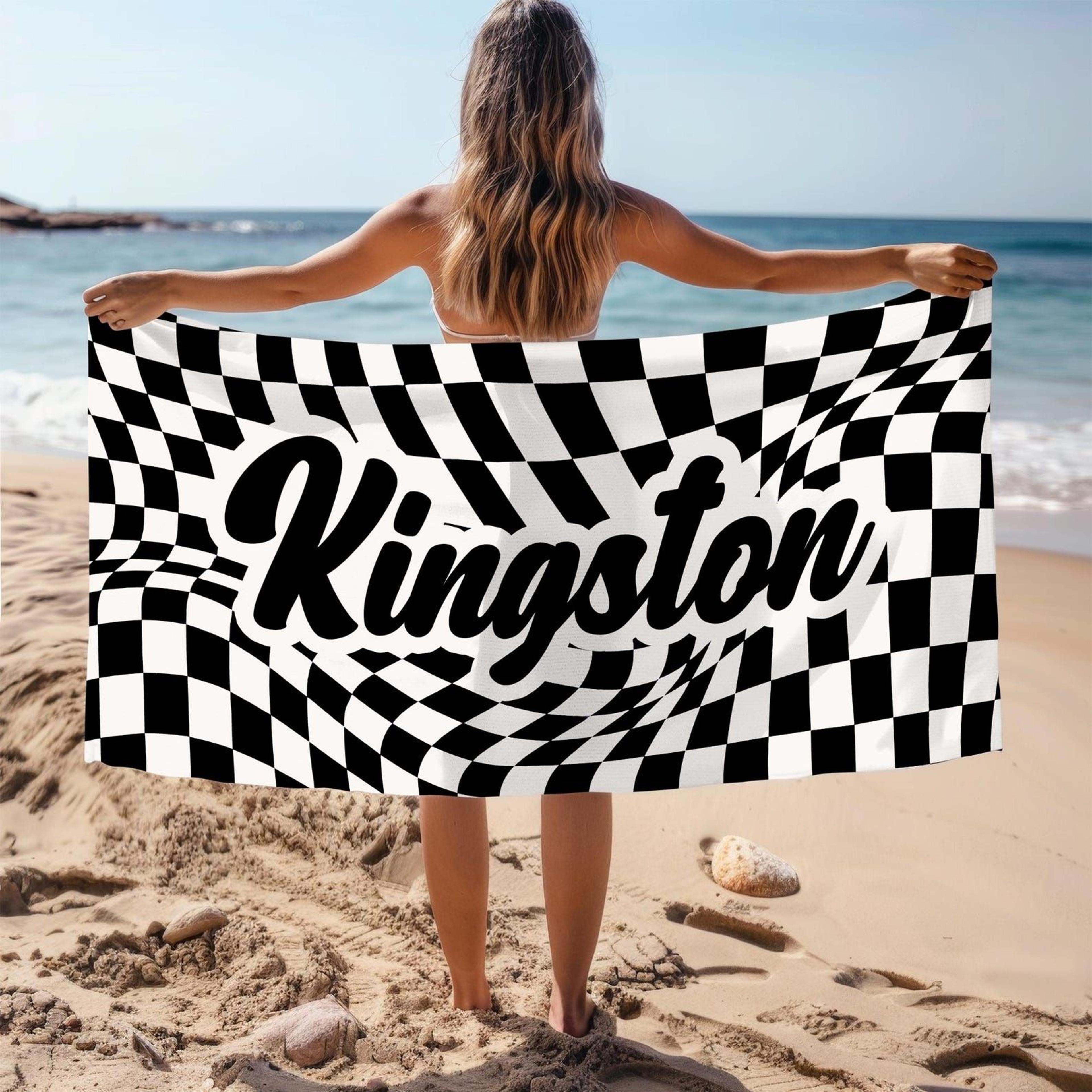 personalized retro style beach towel with custom name | vintage summer pool & vacation towel