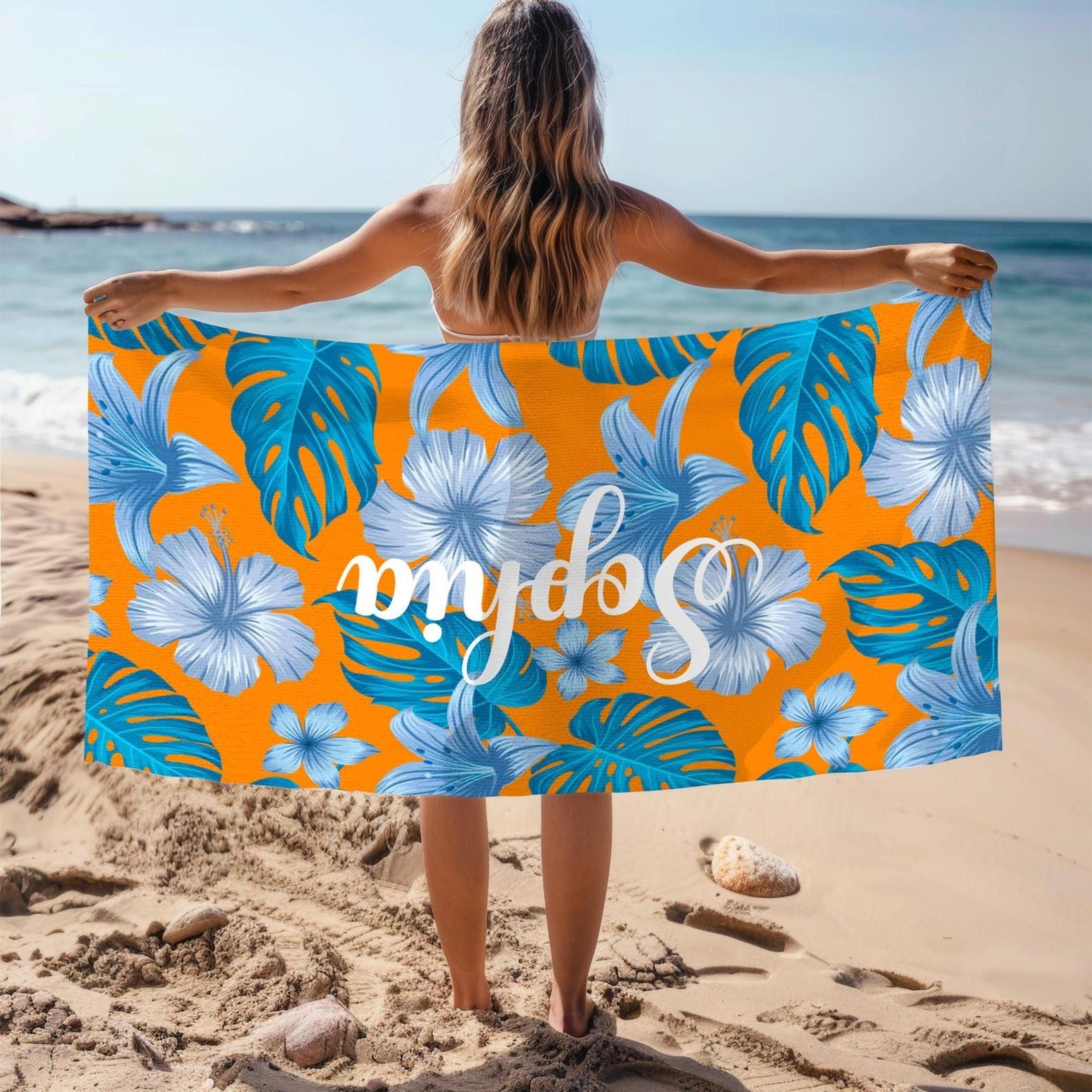 personalized floral leaf beach towel with custom name | tropical pool, honeymoon & summer gift