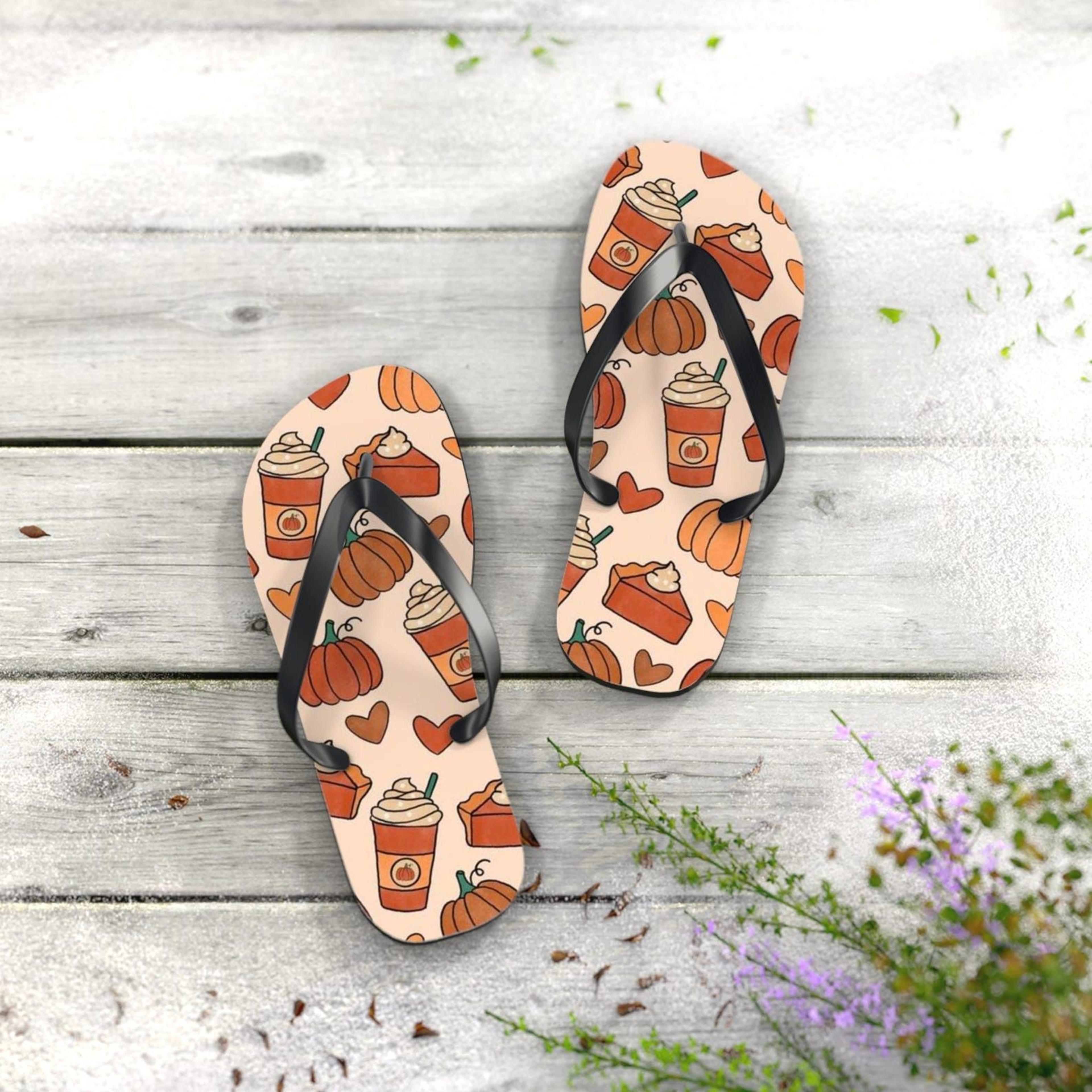 autumn flip flops with pumpkin & coffee design | cute fall beach sandals | gift for coffee lovers