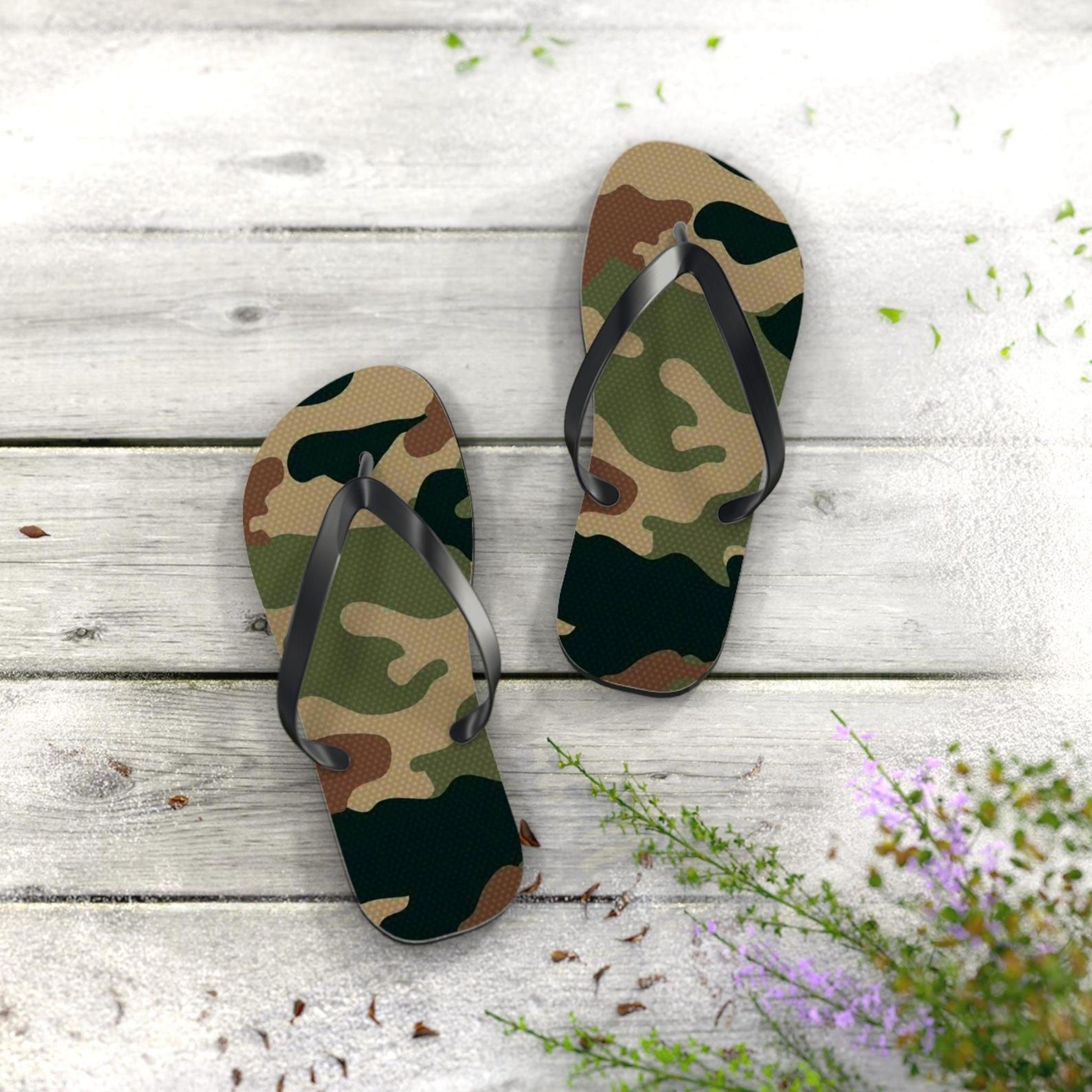 camo flip flops | stylish beach sandals | summer outdoor footwear | casual gift for him or her