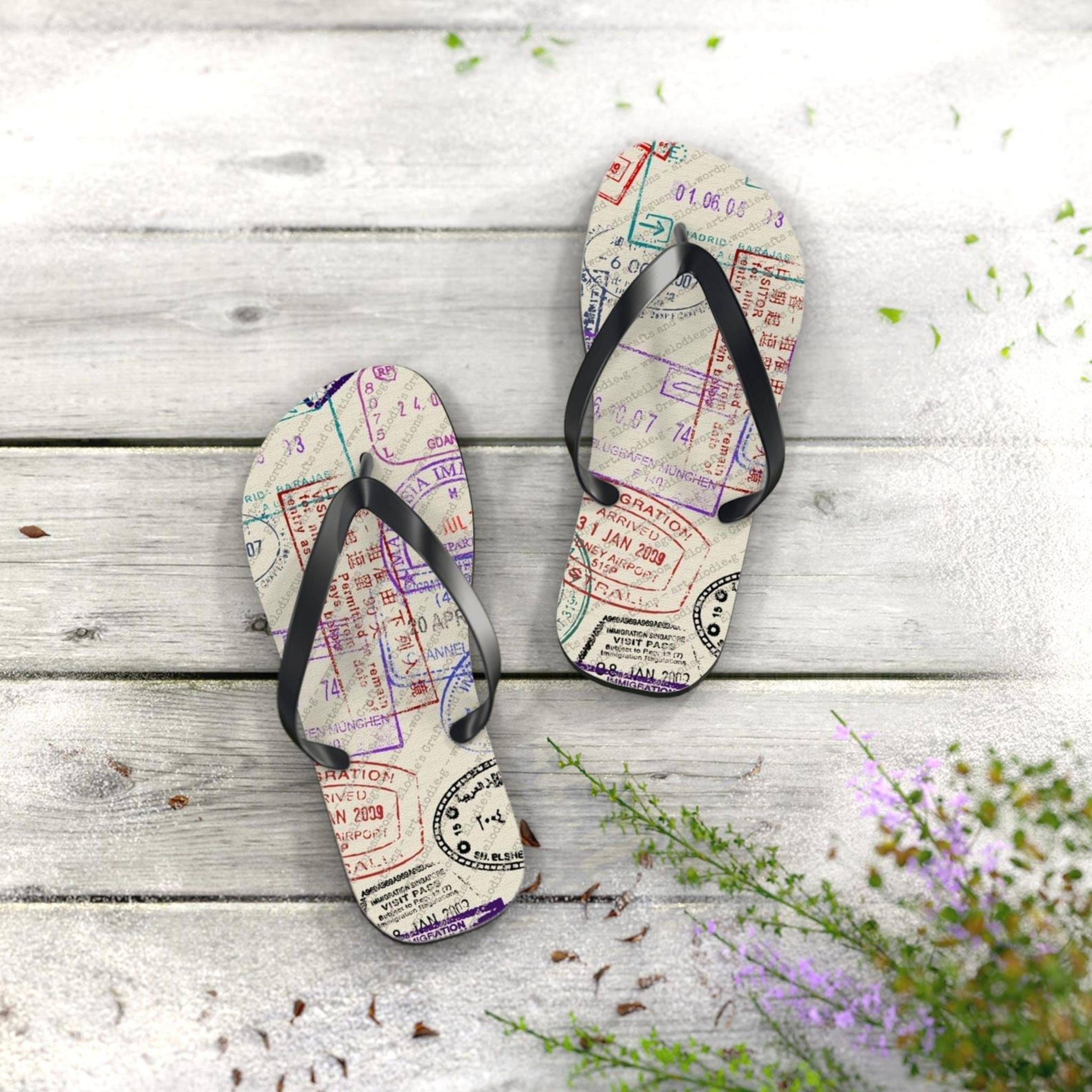 travel flip flops | passport print beach sandals | vacation footwear | summer travel gift
