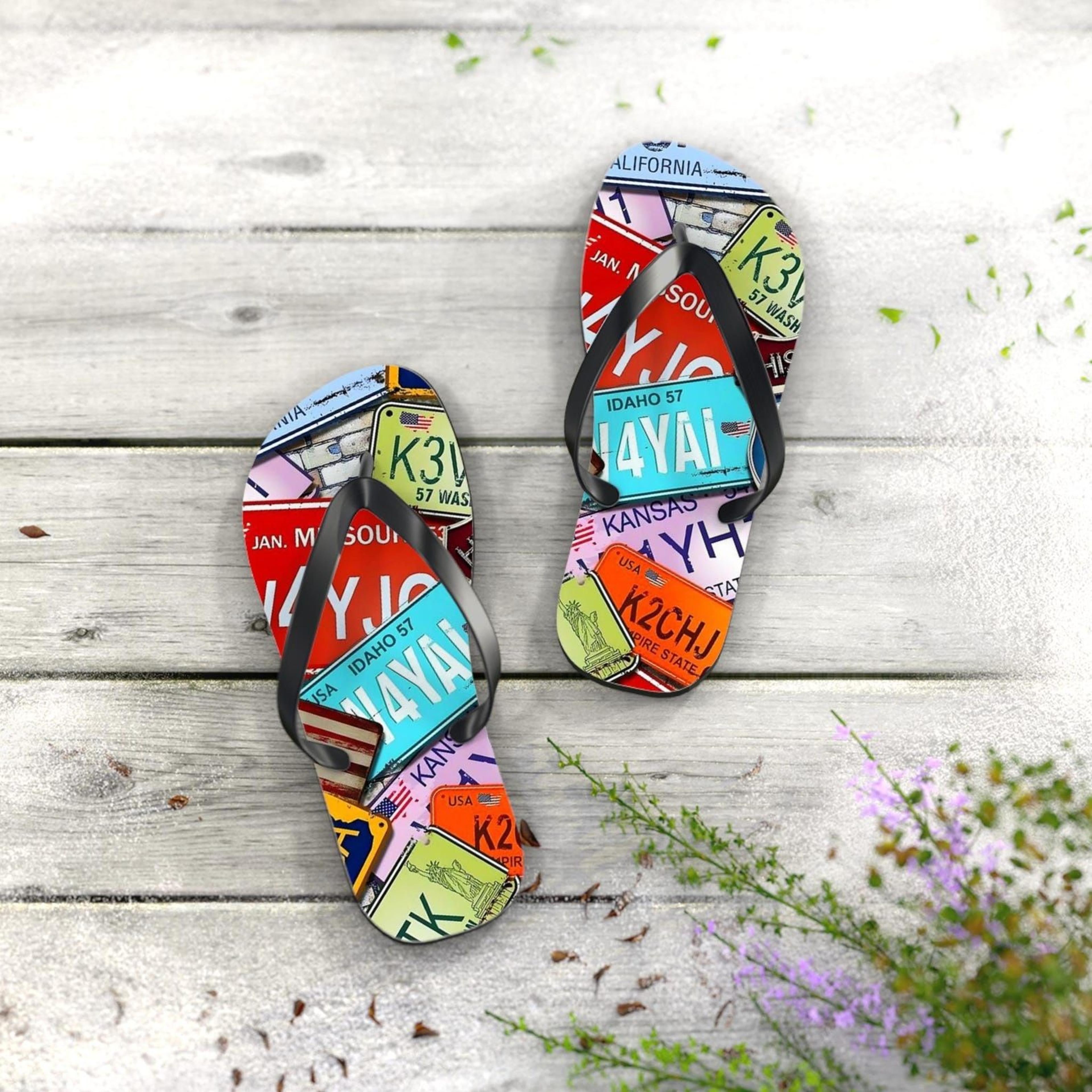 license plate flip flops | colorful beach sandals | travel inspired summer footwear | unique travel gift