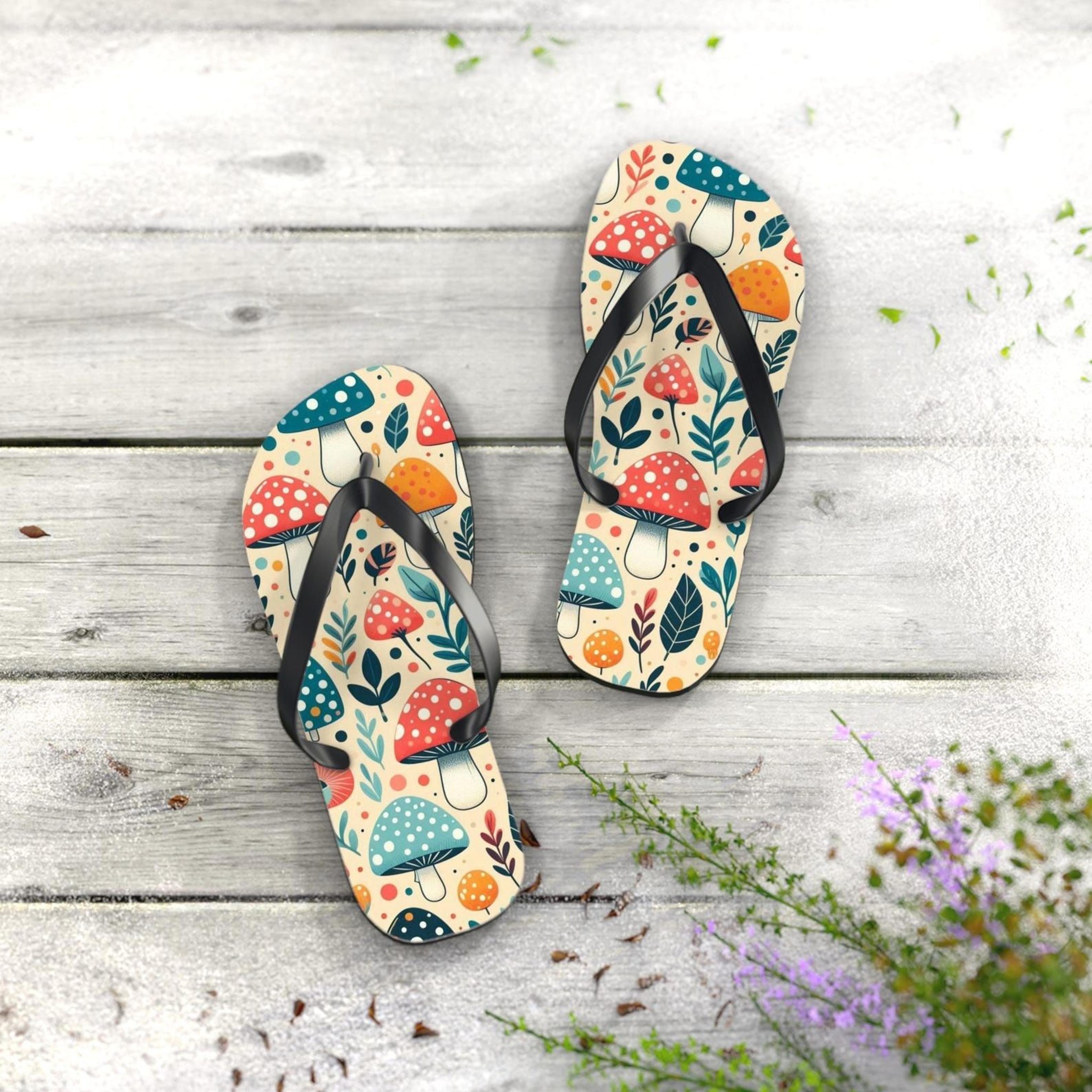 cute mushroom flip flops | boho beach sandals | summer vacation footwear | nature inspired gift for her