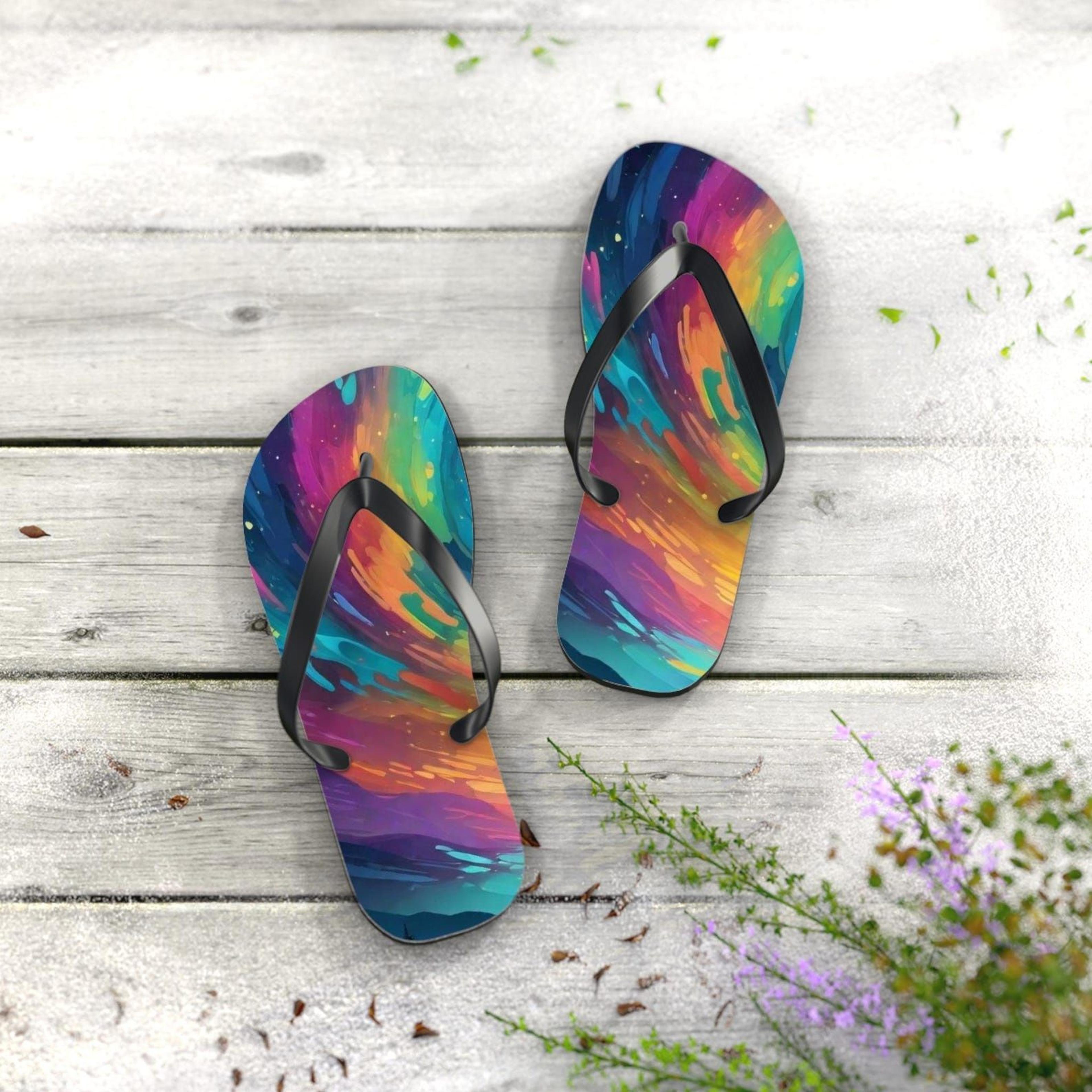 colorful artistic flip flops | beach sandals | summer festival footwear | vacation ready slip ons