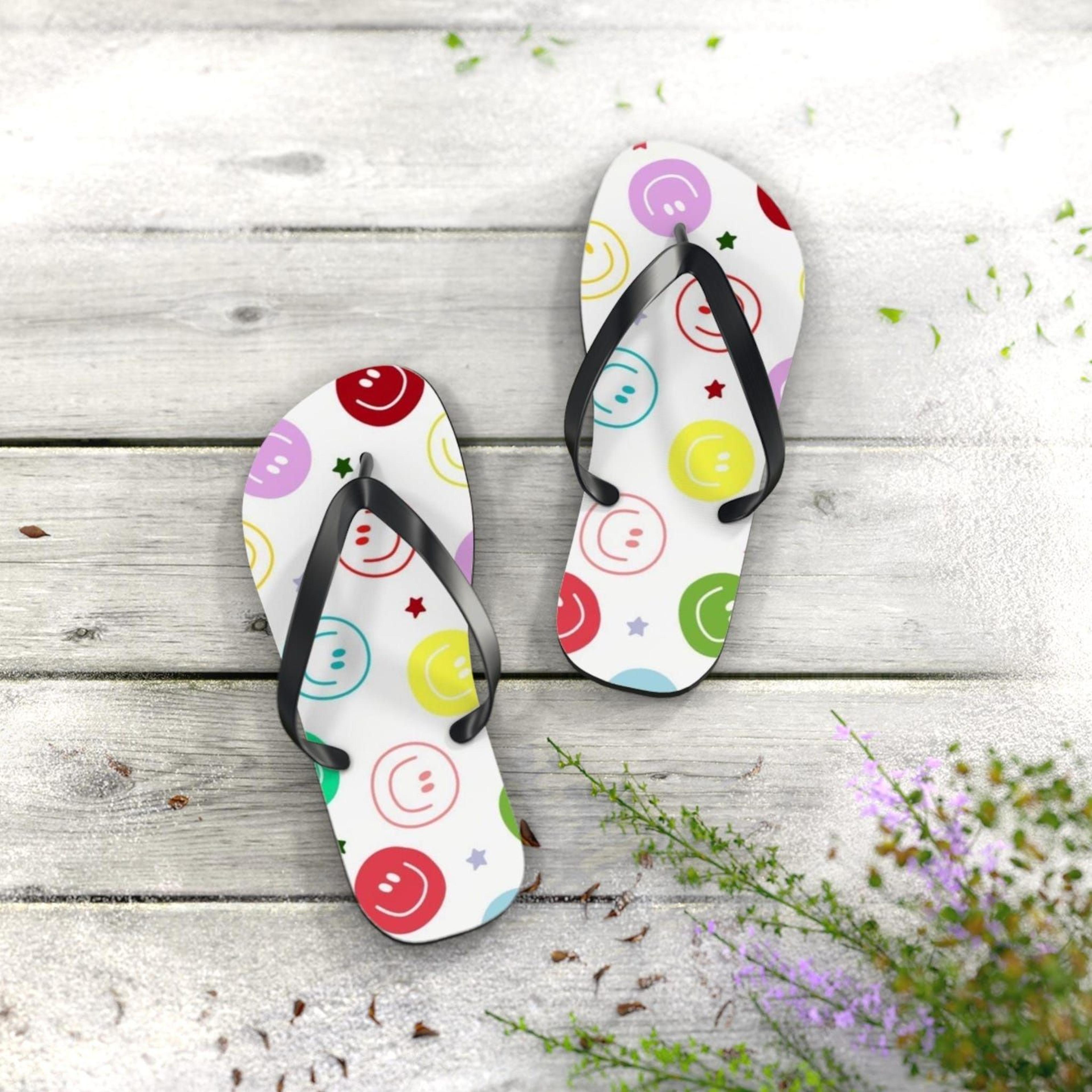 colorful smiley flip flops | cute beach sandals | summer vacation footwear | happy face pool slides