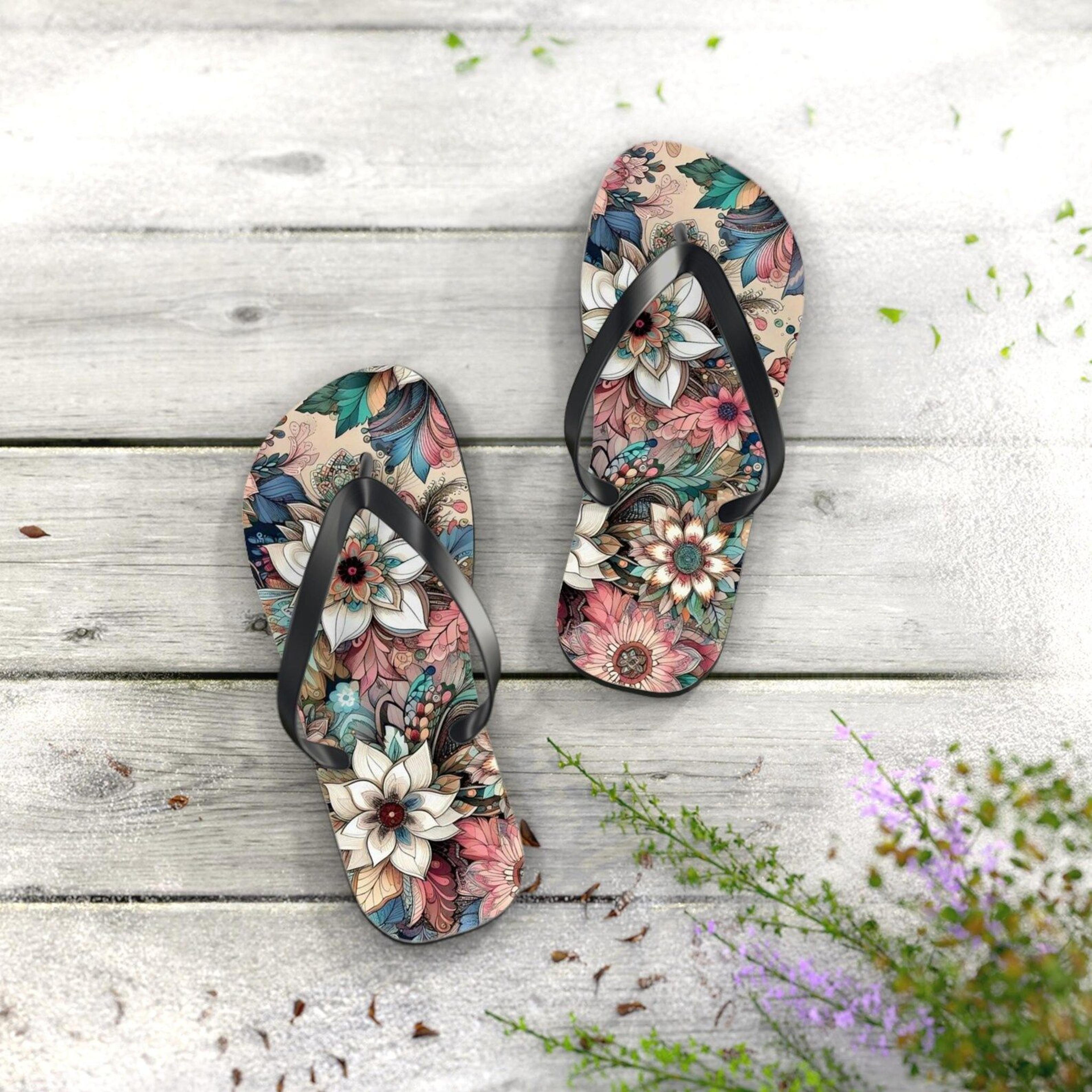 boho floral flip flops | trendy beach sandals | summer vacation footwear | stylish gift for her