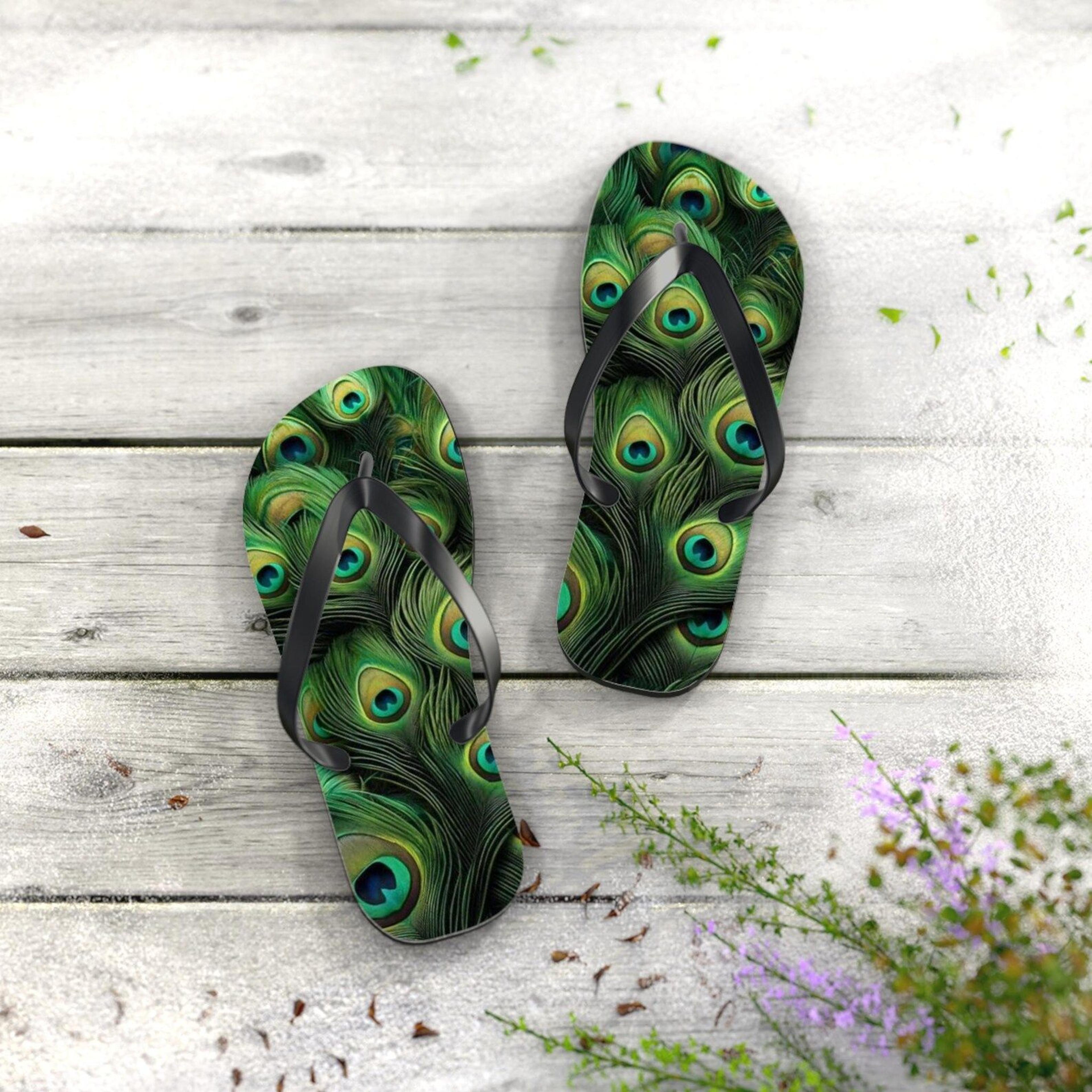 peacock flip flops | peacock feather beach sandals | summer vacation footwear | unique gift for beach lovers