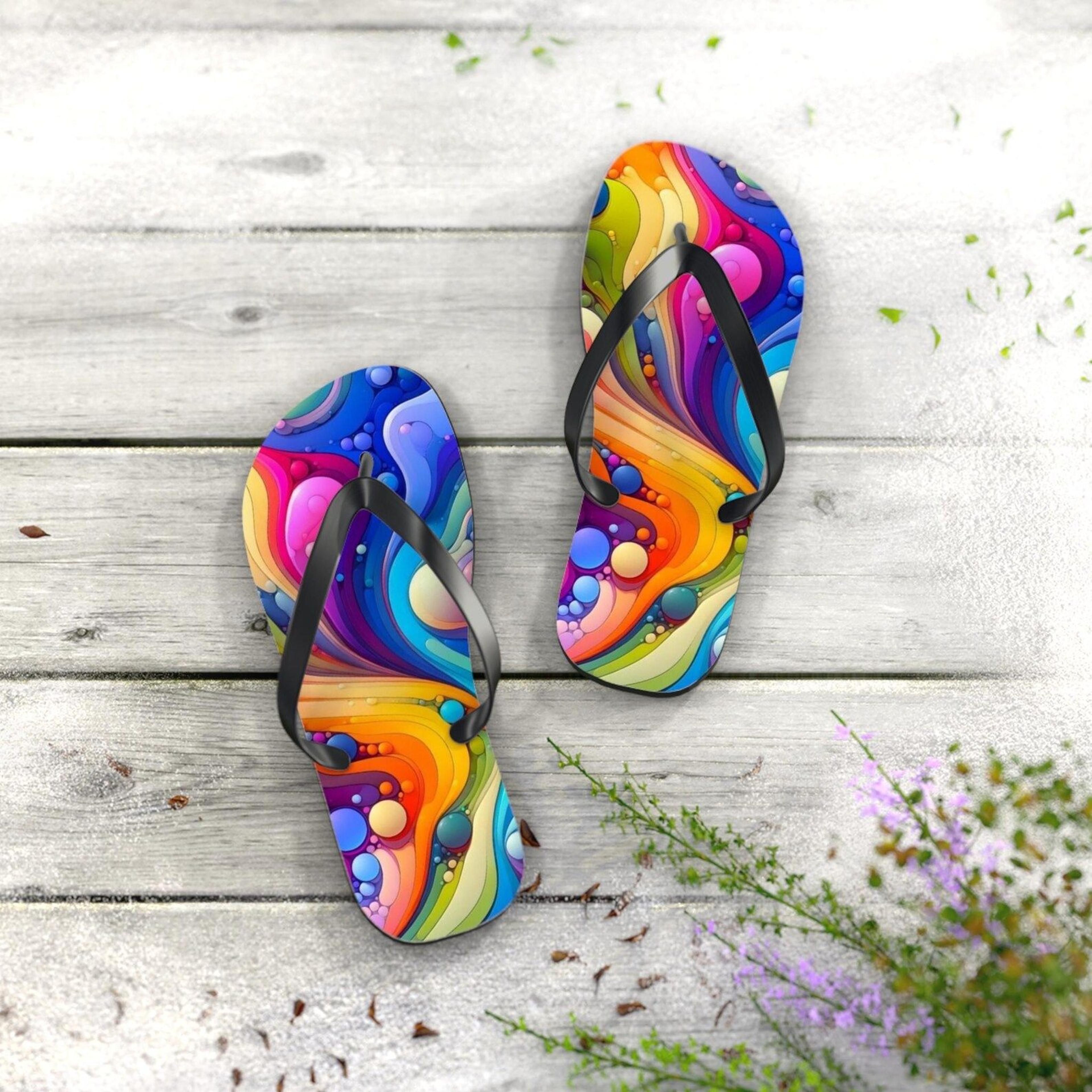 vibrant patterned flip flops | colorful beach sandals | summer vacation footwear | poolside holiday slides