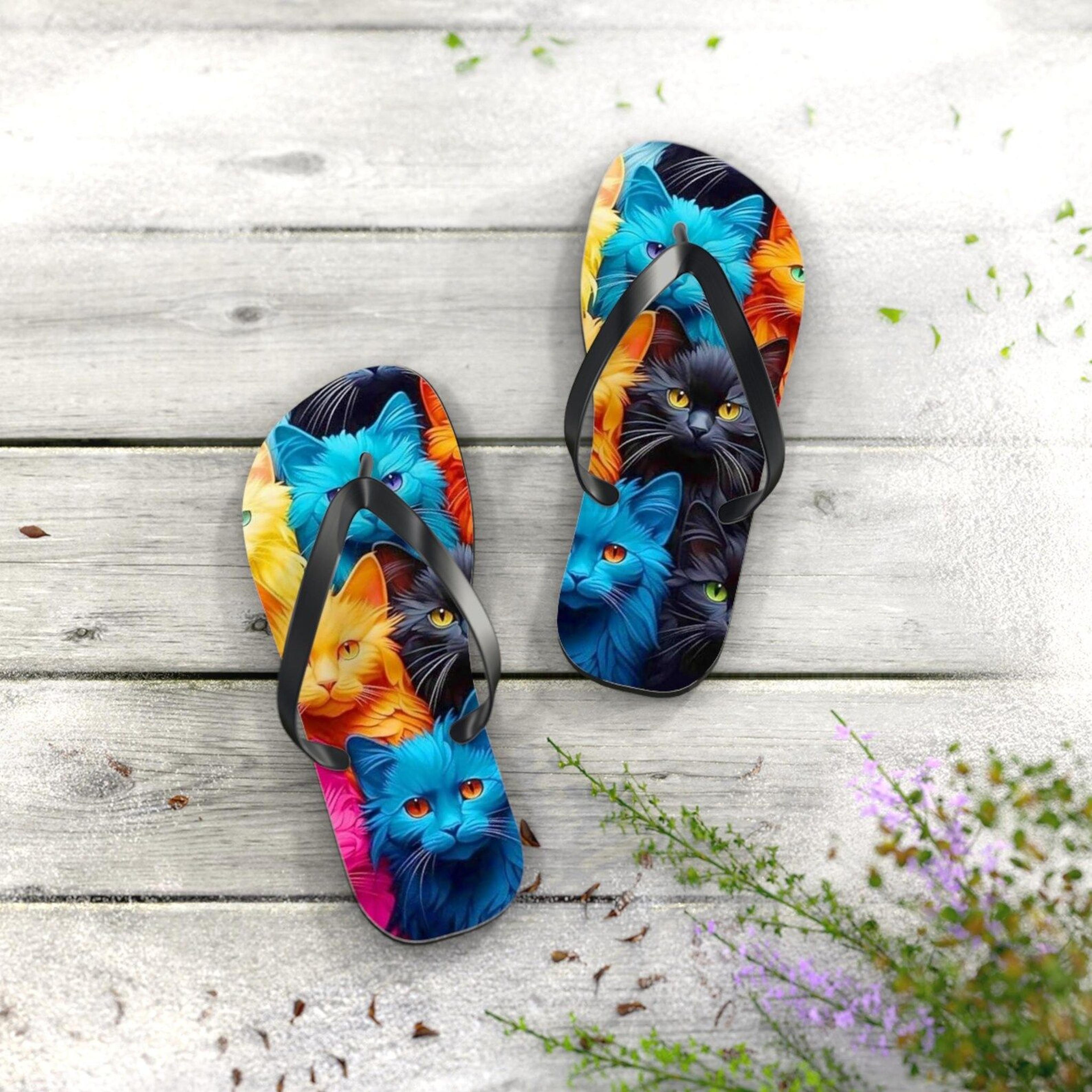 colorful cat flip flops | cute cat lover beach sandals | summer vacation footwear | fun gift for cat lovers