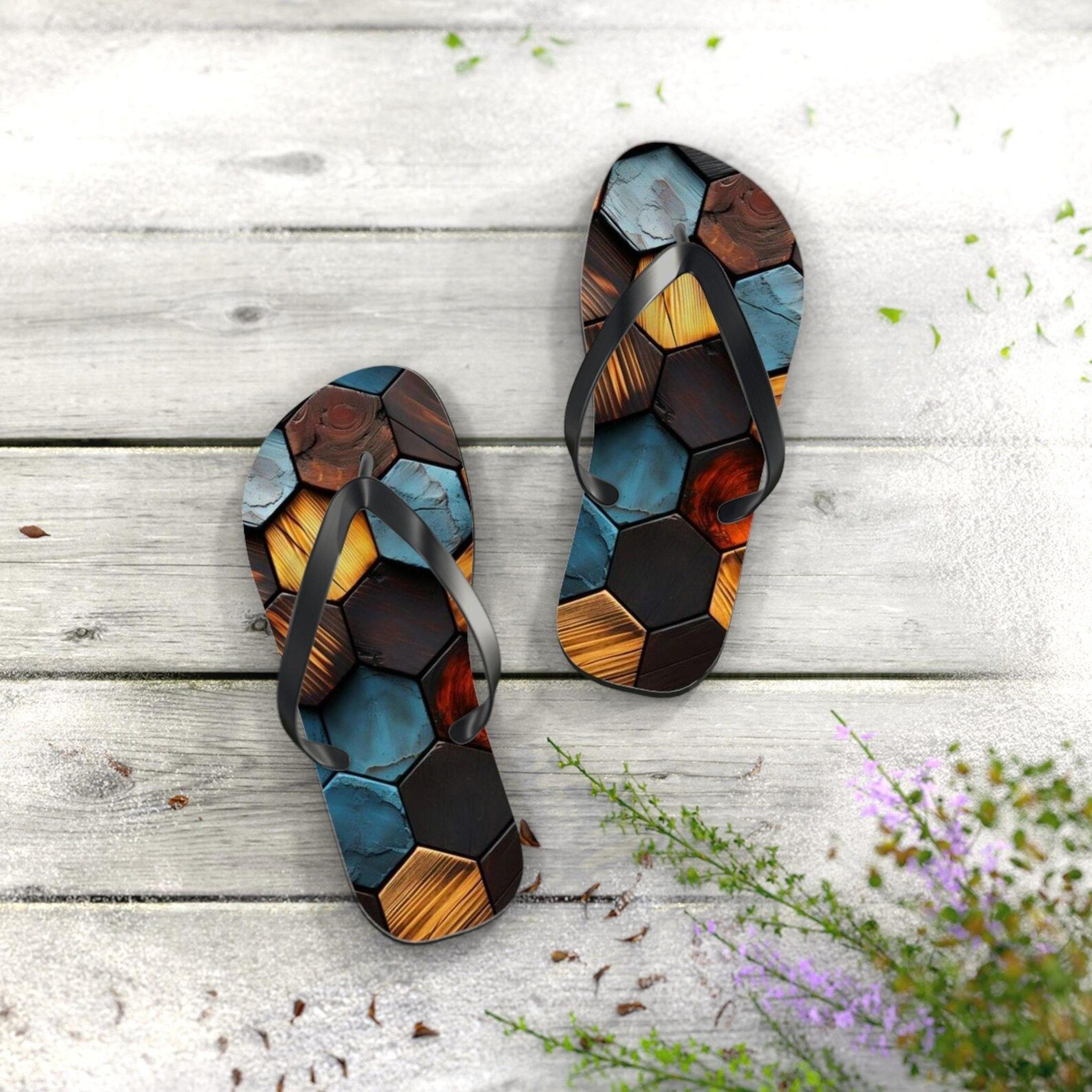 hexagon flip flops | geometric beach sandals | summer vacation footwear | stylish poolside slides
