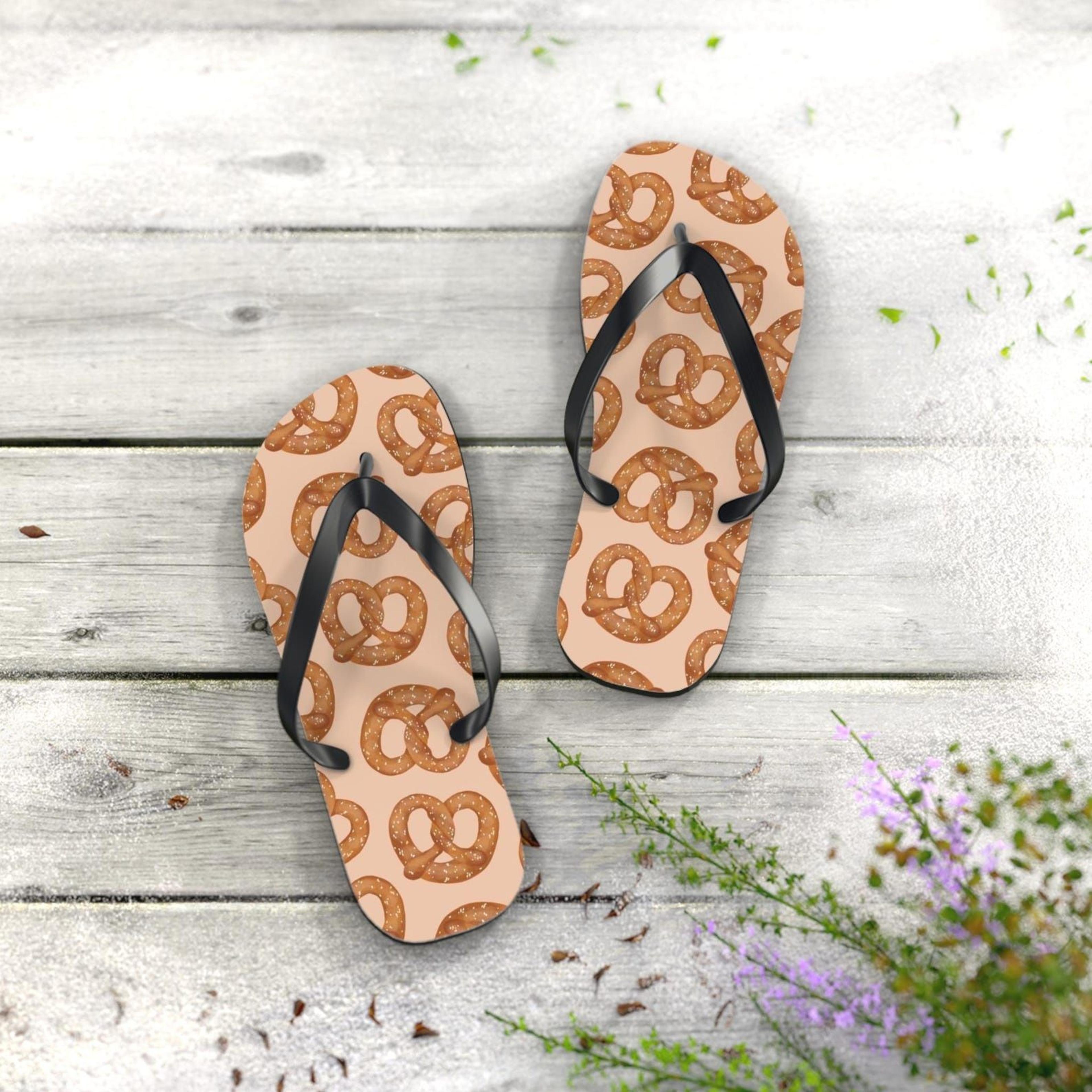 pretzel flip flops | fun foodie beach sandals | summer vacation footwear | unique snack lover gift