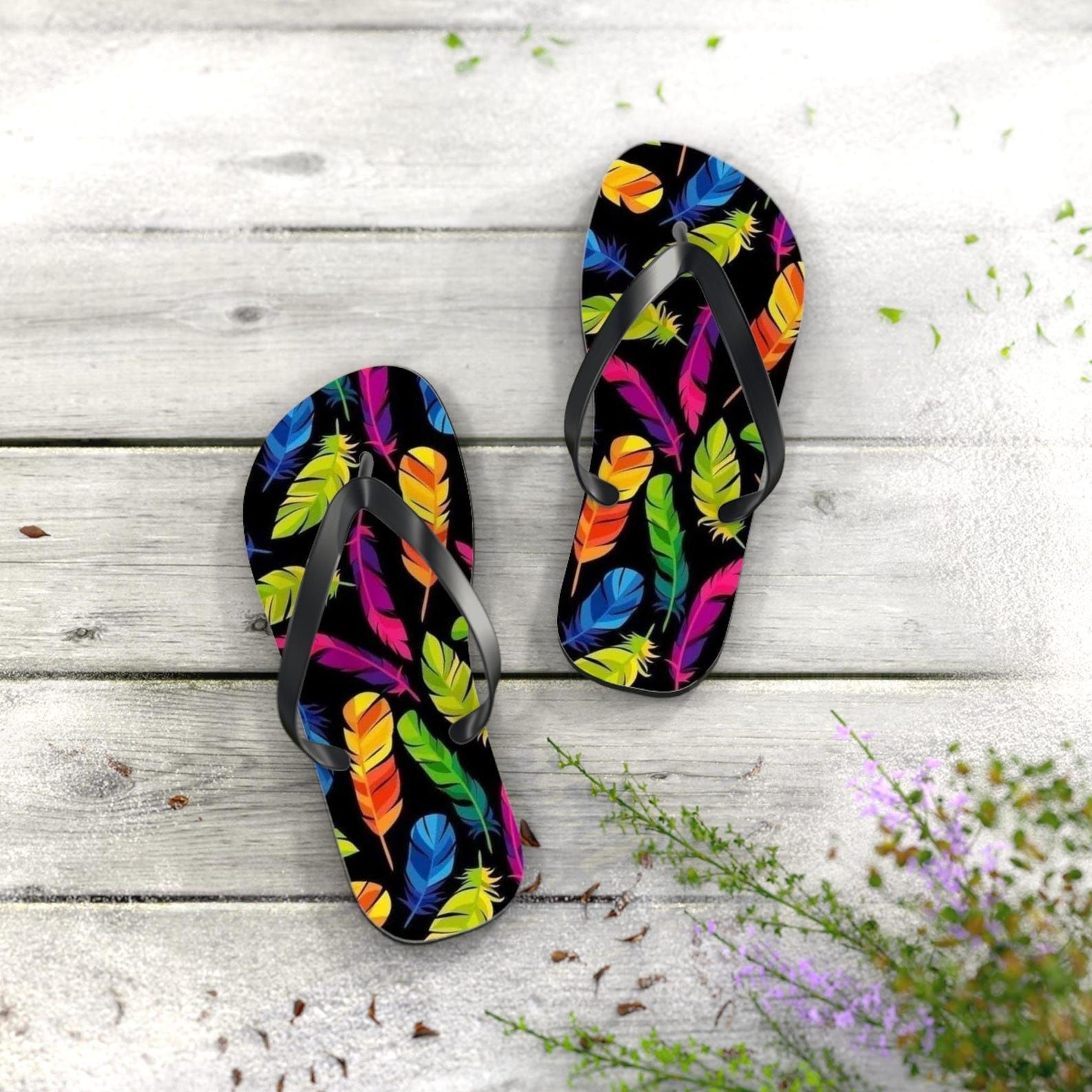 colorful feather flip flops | boho beach sandals | summer vacation footwear | poolside resort shoes