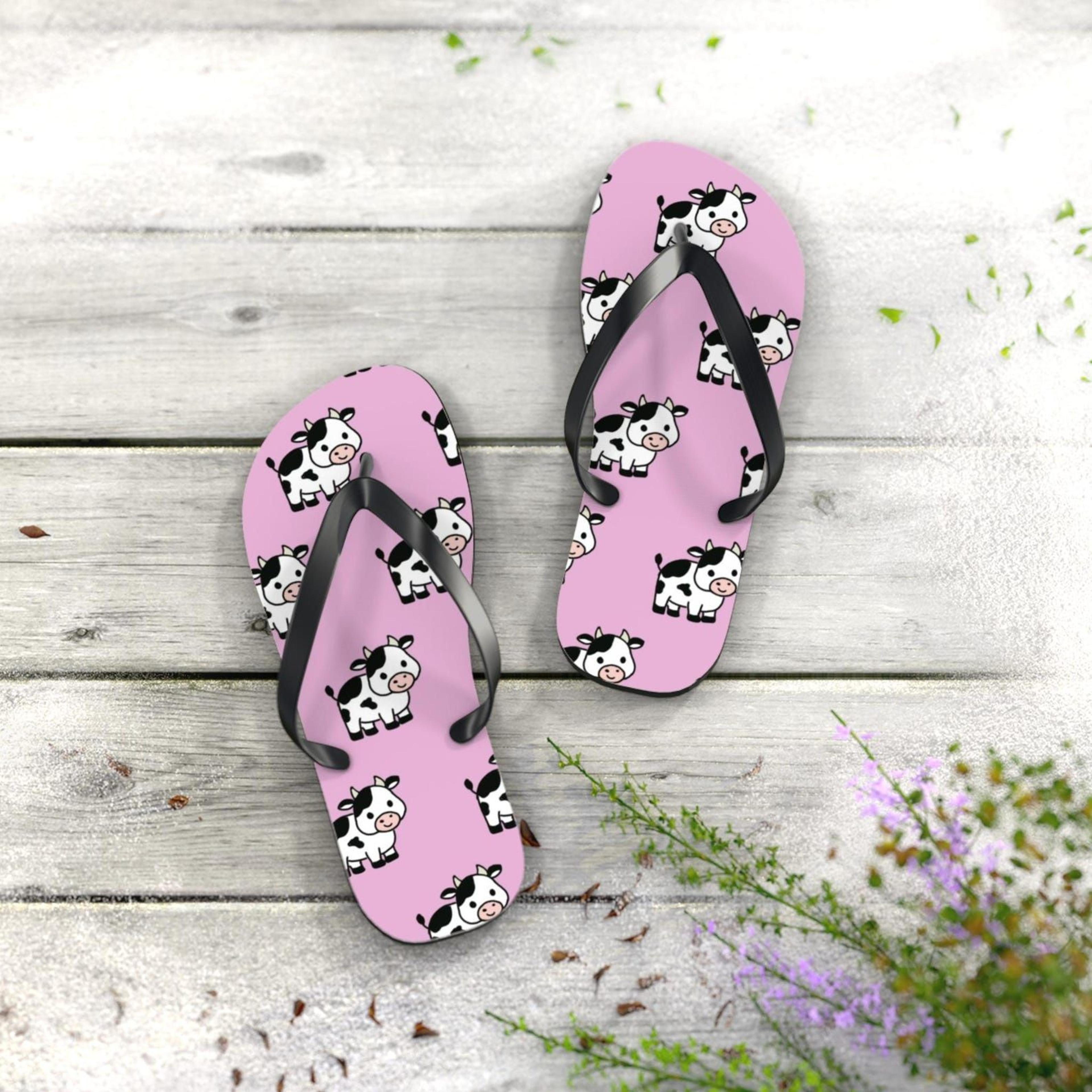 cute cow print flip flops | beach sandals | summer vacation footwear | fun cow lover gift