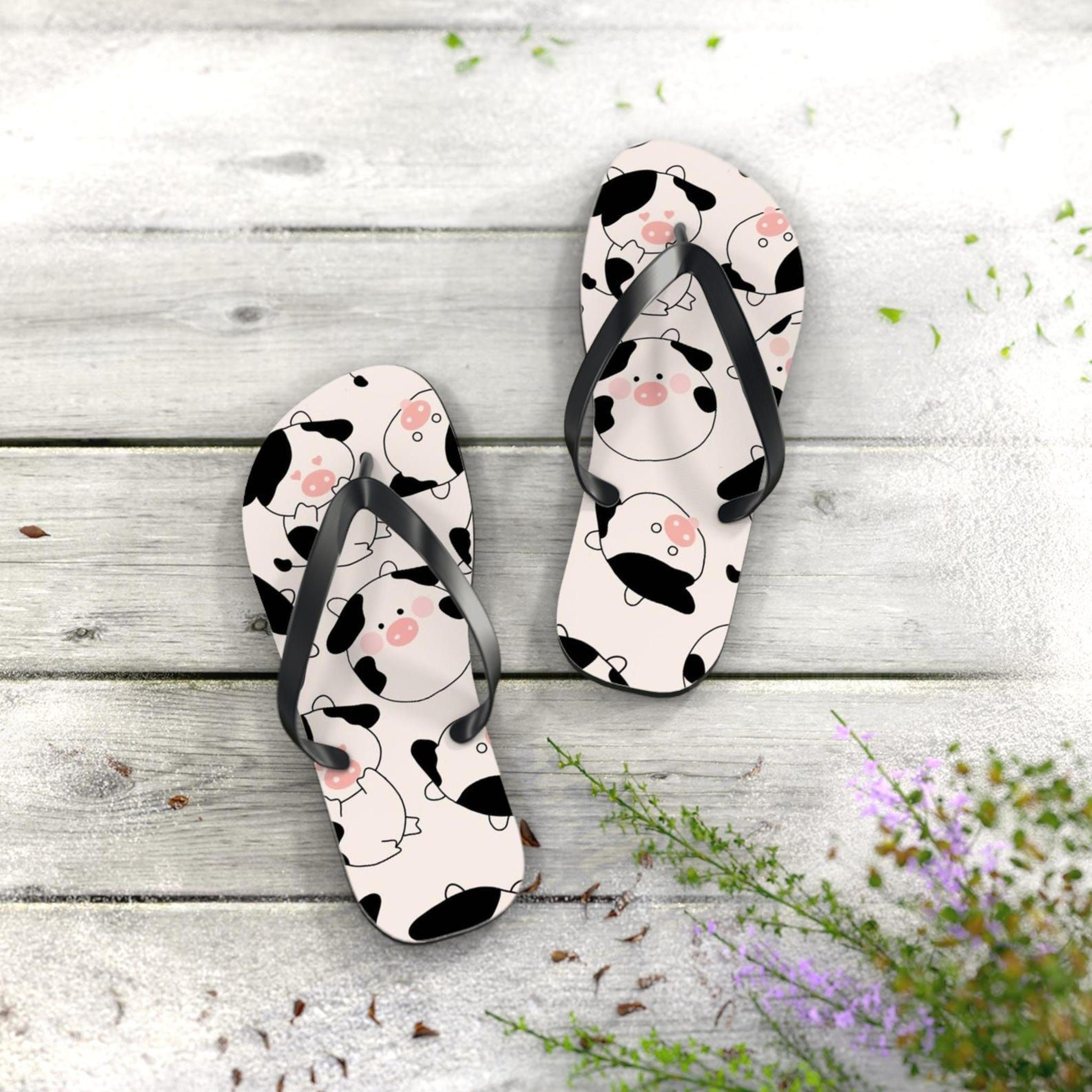 cute cow print flip flops | beach sandals | summer vacation footwear | fun cow lover