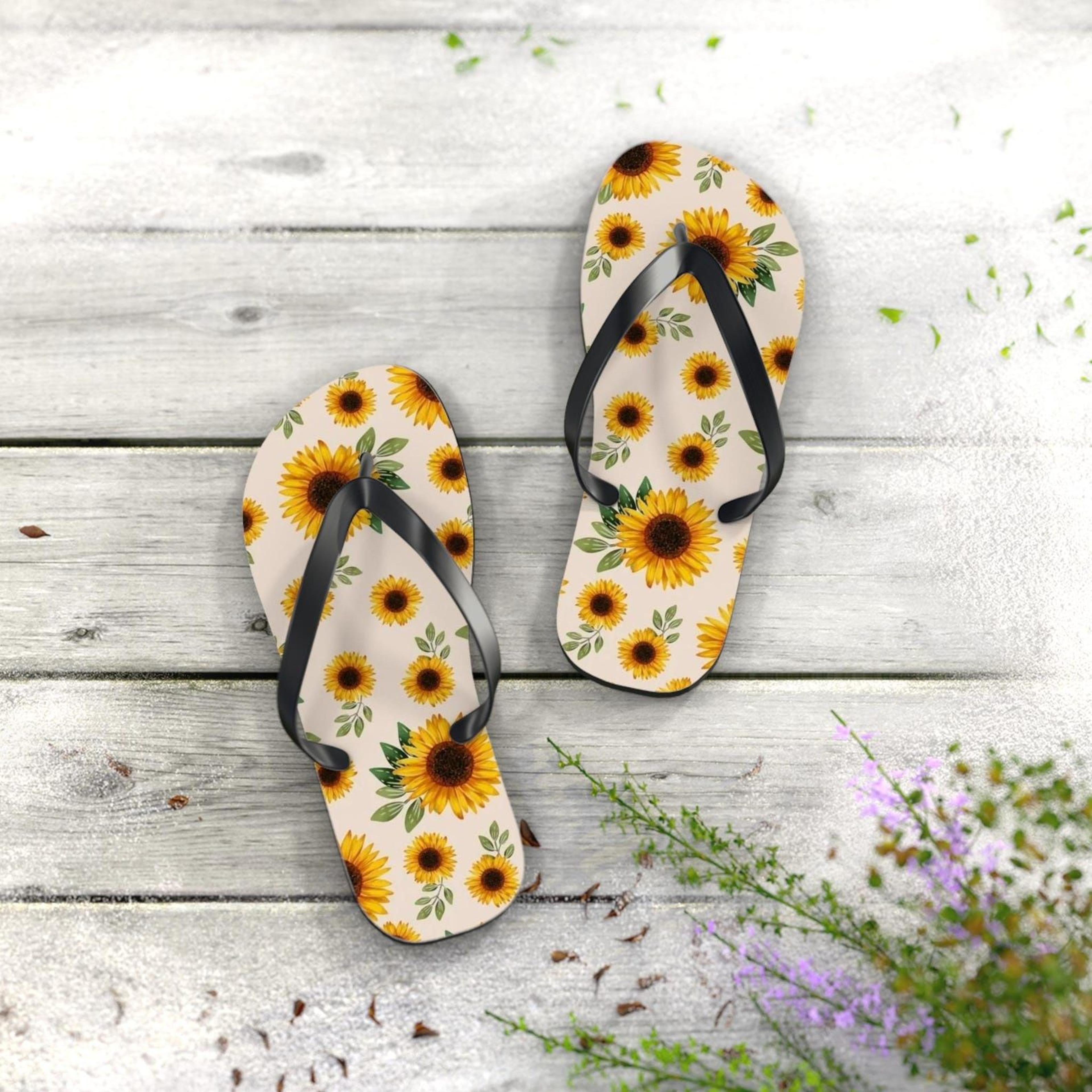 sunflower flip flops | floral beach sandals | summer vacation footwear | flower print poolside shoes