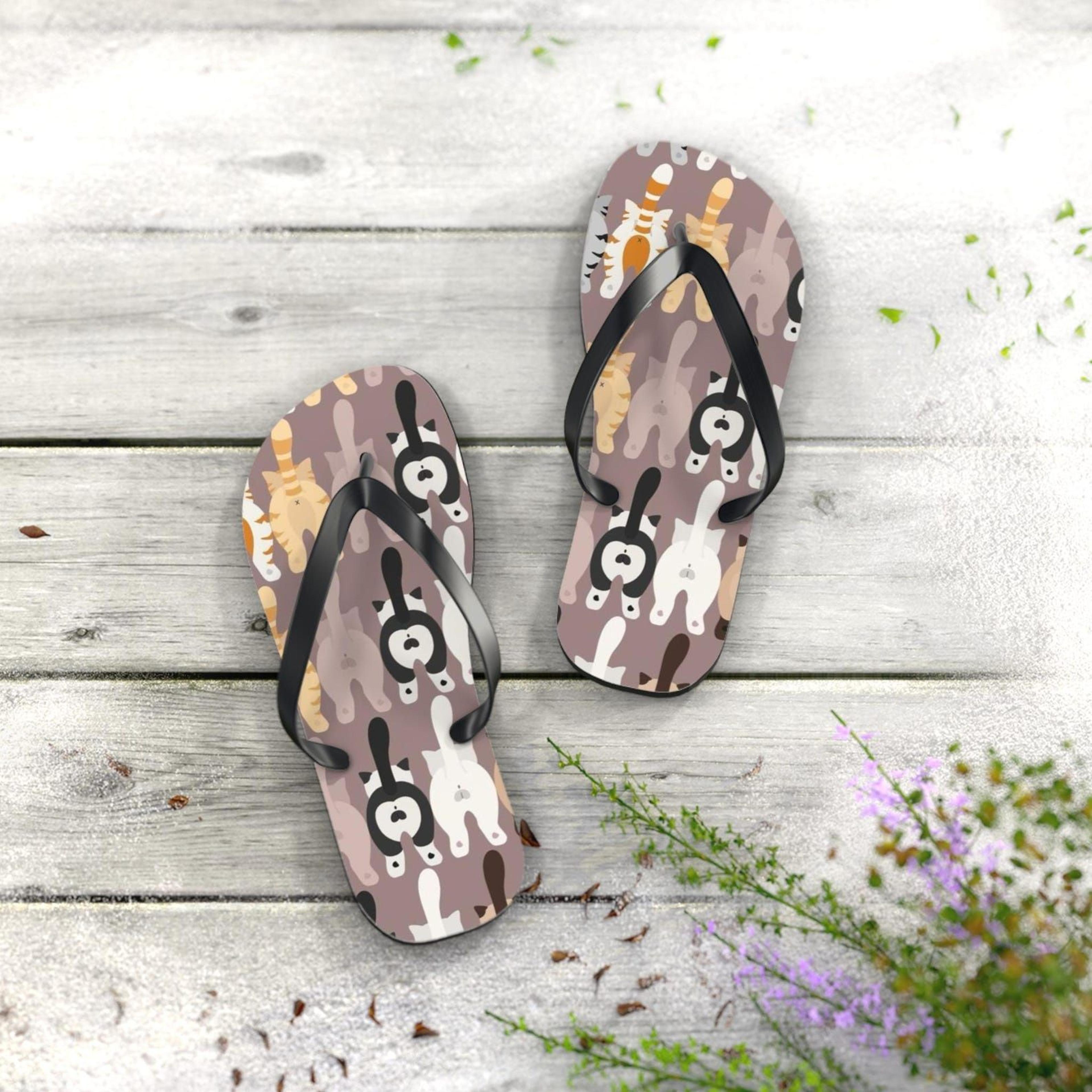 cat flip flops | cute cat lover beach sandals | summer vacation footwear | fun gift for cat lovers