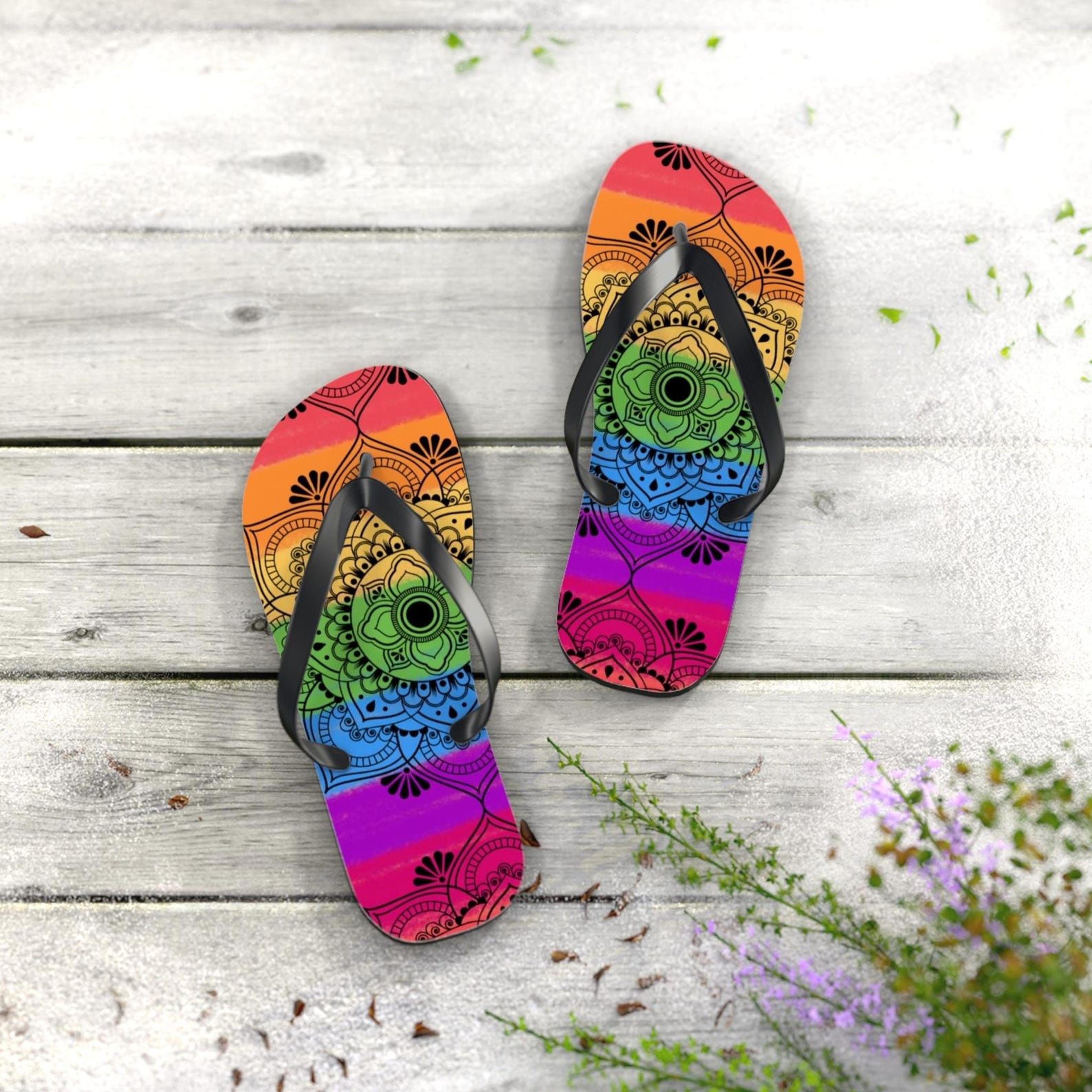 colorful mandala flip flops | boho beach sandals | summer vacation footwear | festival ready slides