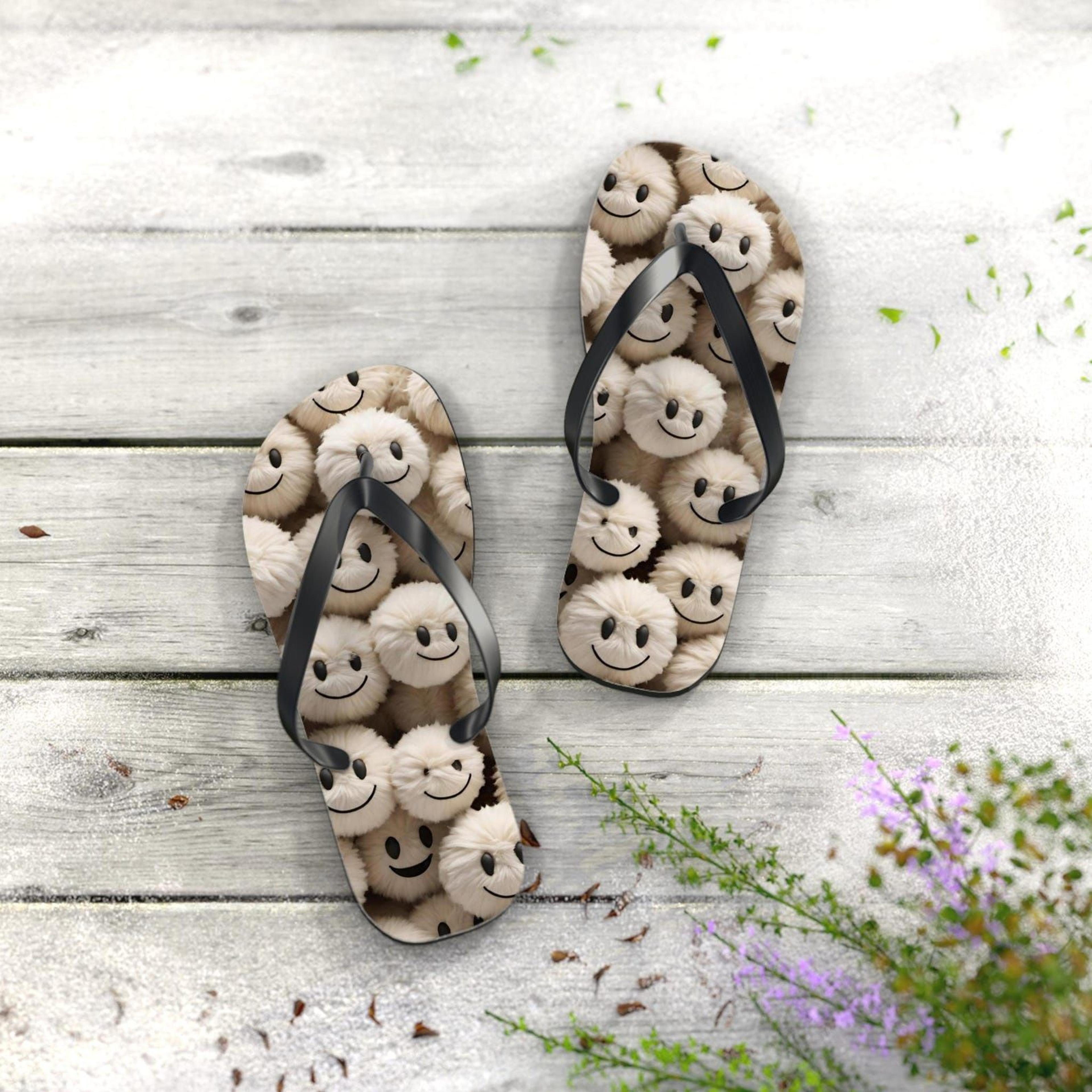 smiley face flip flops | cute beach sandals | happy summer vacation footwear | fun gift for kids & teens