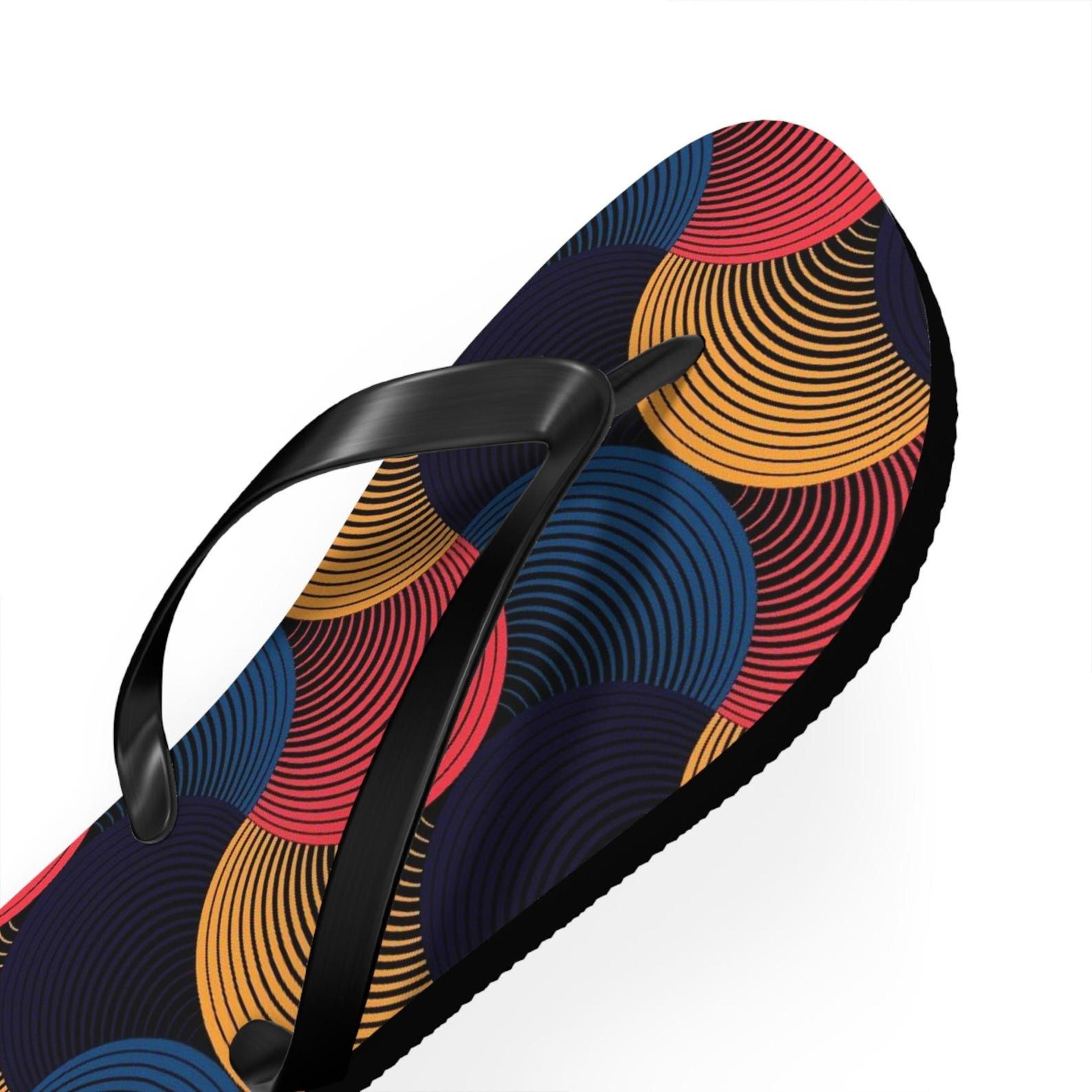 colorful geometric flip flops | beach sandals | summer vacation footwear | modern poolside slides