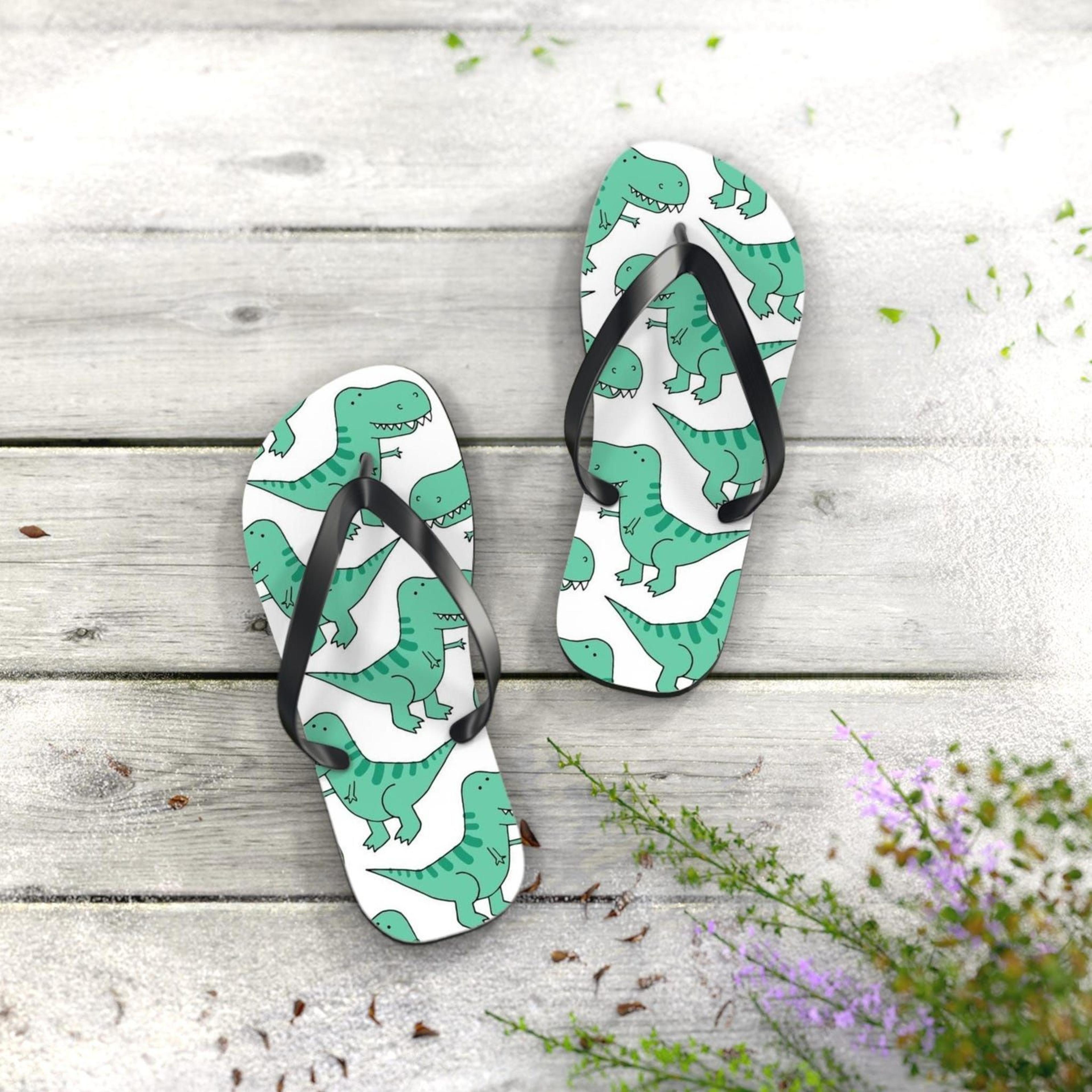 dinosaur flip flops | dinosaur beach sandals | summer vacation footwear | fun gift for dinosaur lovers