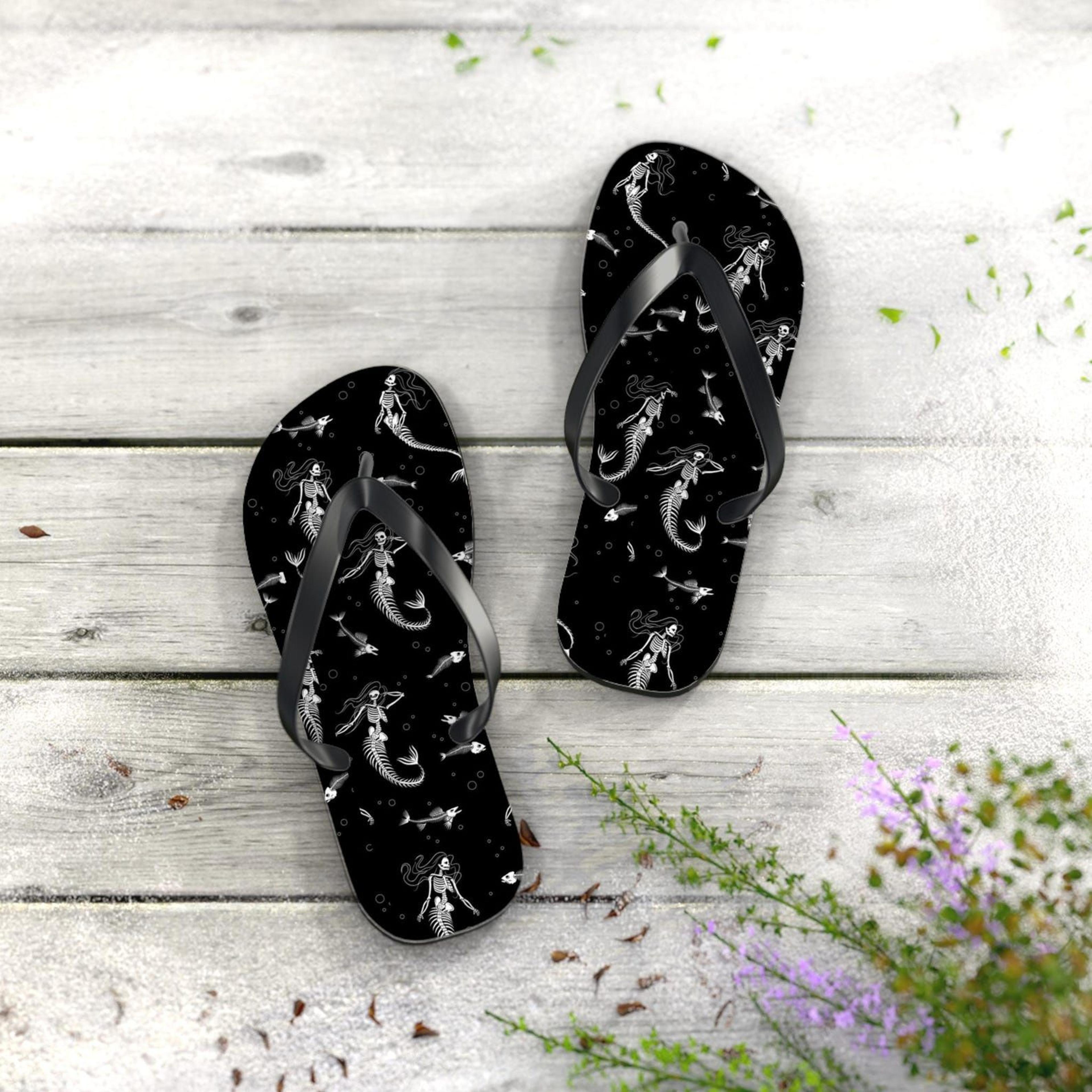 gothic mermaid skeleton flip flops | skeleton beach sandals | halloween summer footwear | boho gothic slides