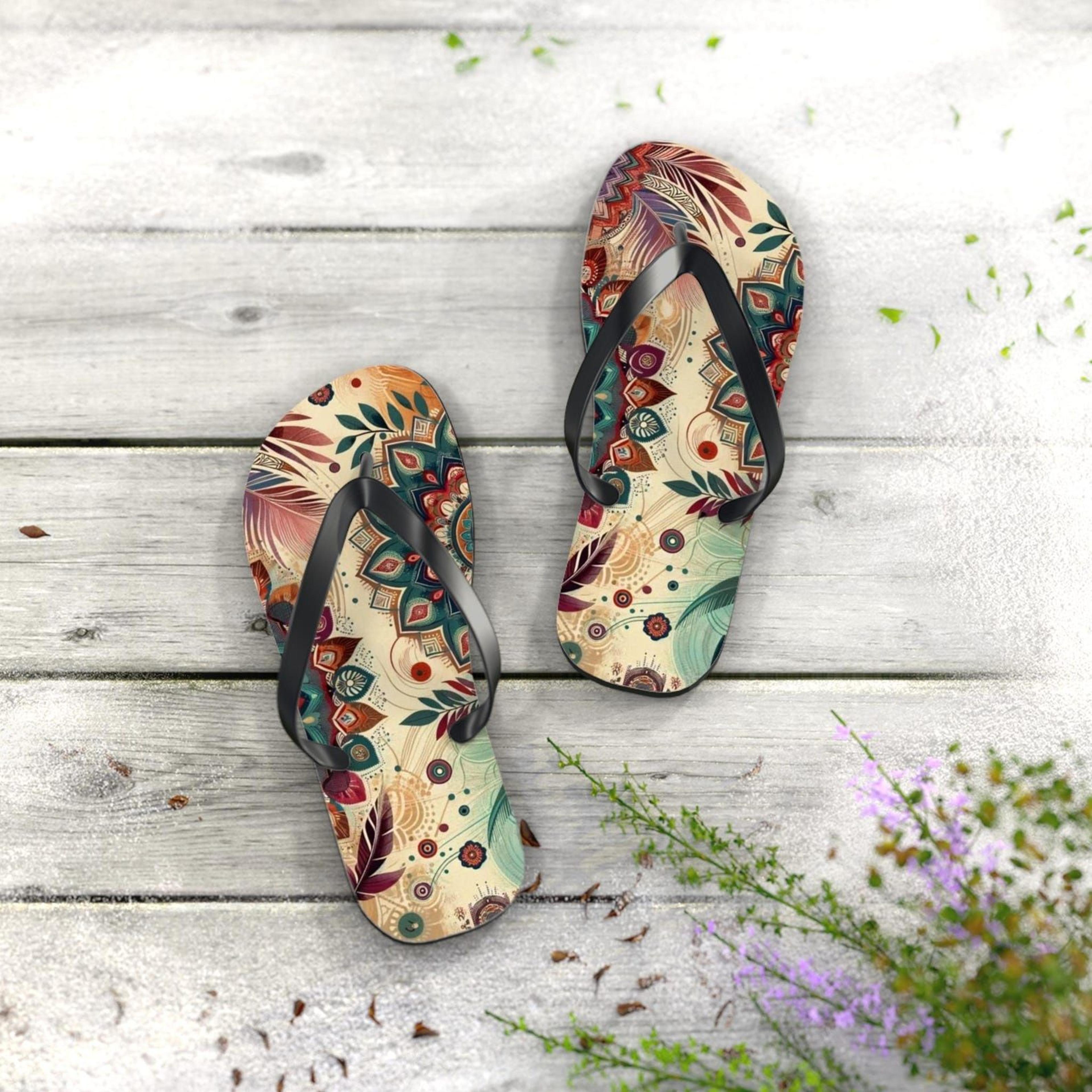 bohemian flip flops | boho beach sandals | summer vacation footwear | colorful poolside slides