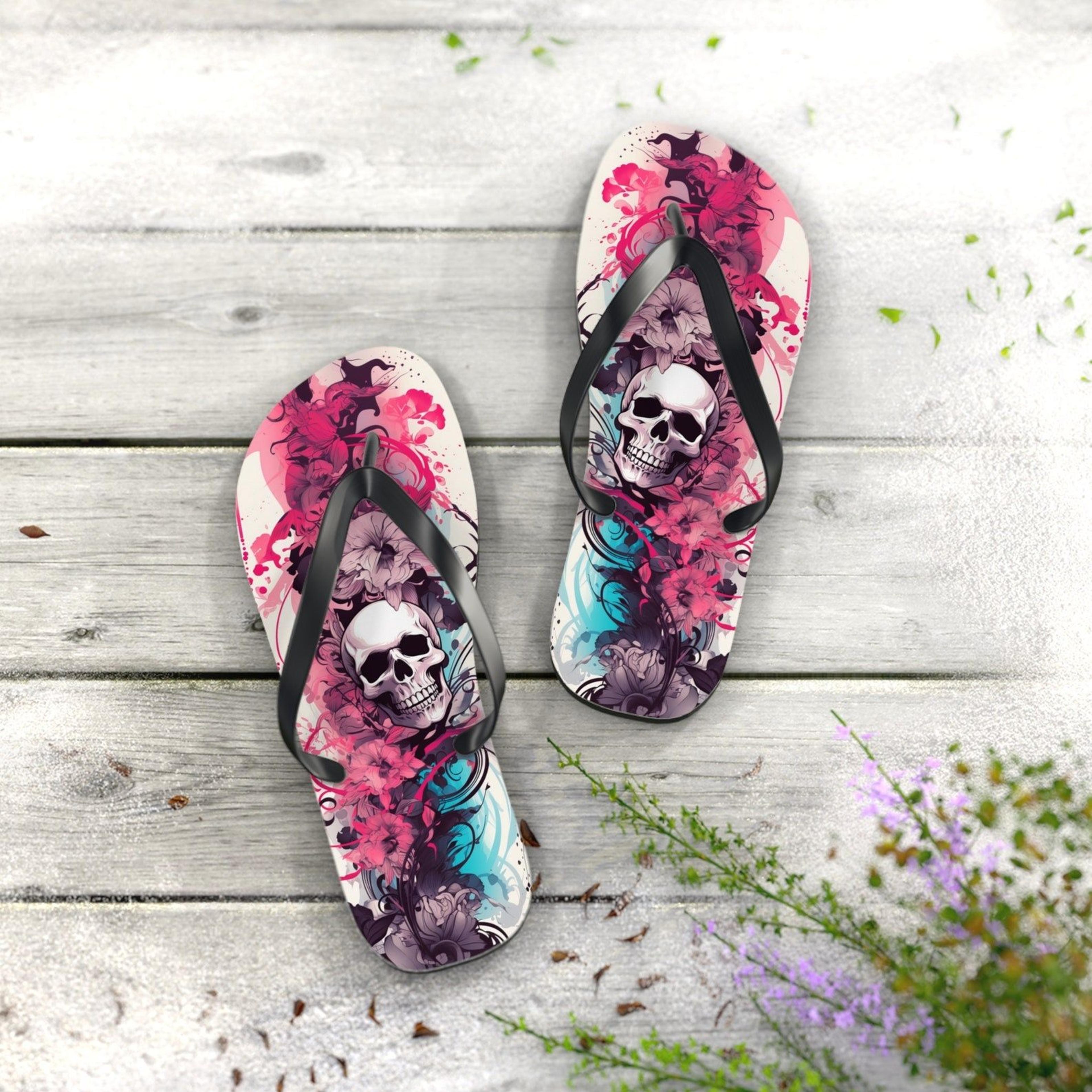 floral skull flip flops gothic summer sandals colorful beach footwear gift for women and men