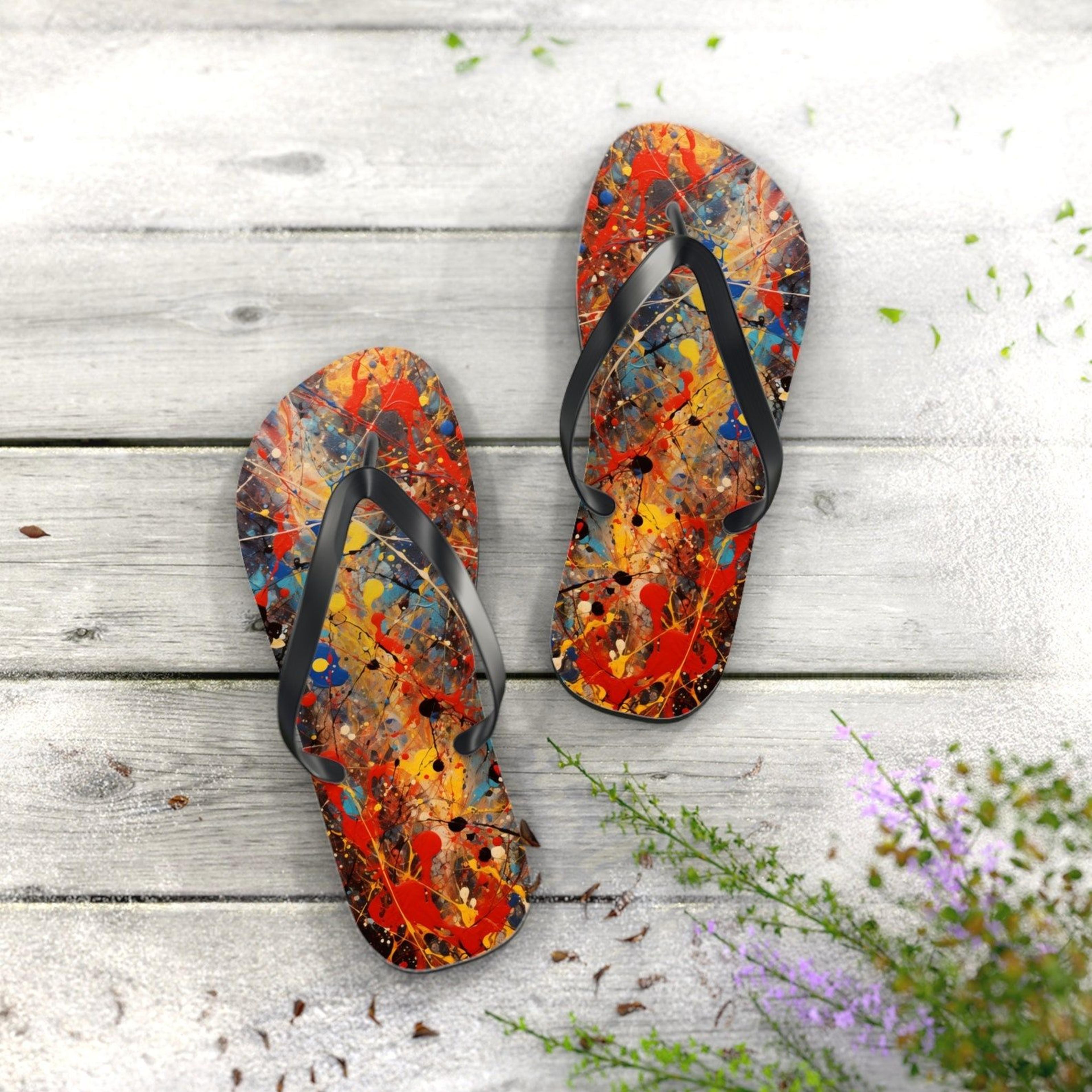 abstract art flip flops jackson pollock inspired colorful summer sandals gift for art lovers