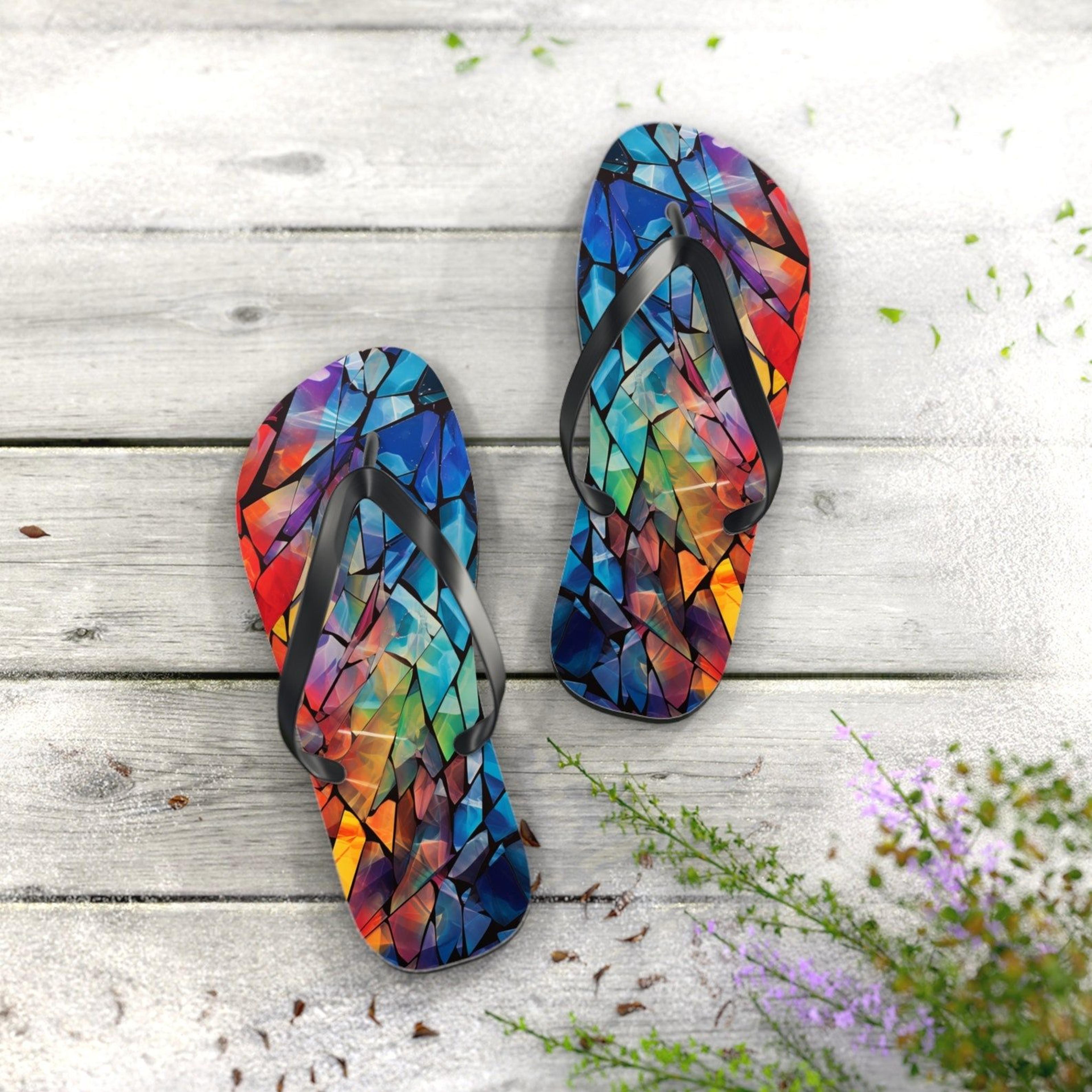 glass mosaic rainbow flip flops colorful summer beach sandals unique gift for her