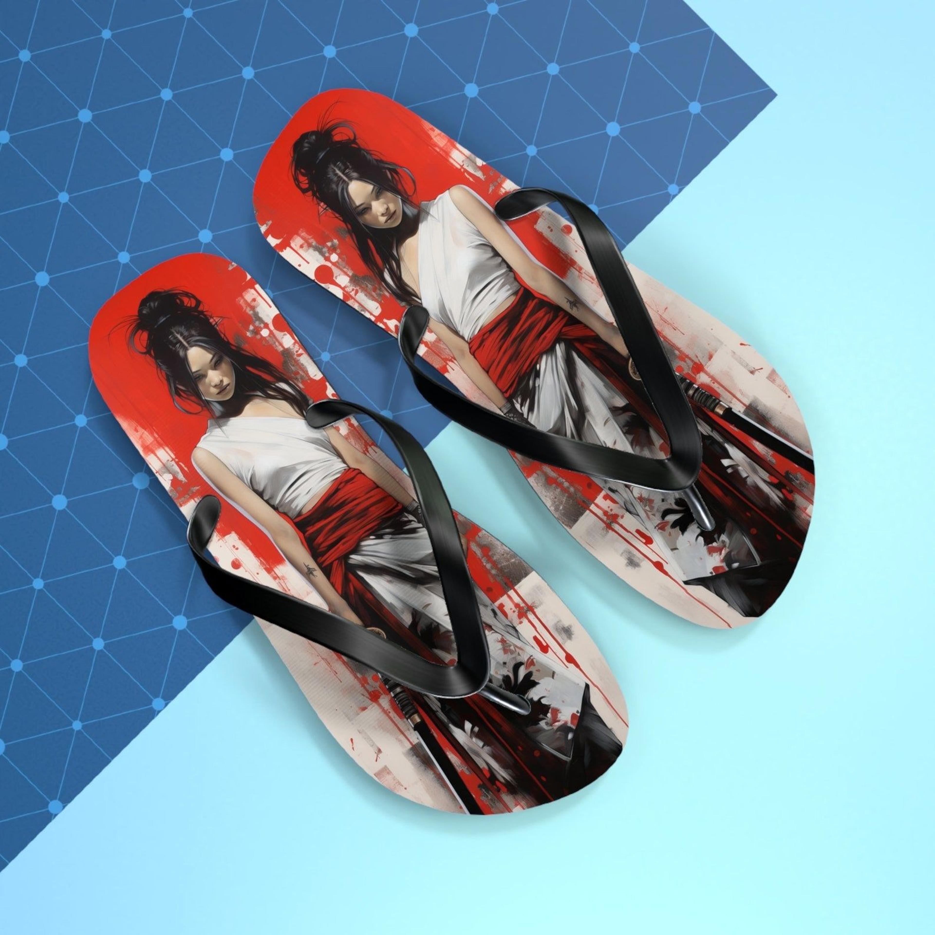 japanese samurai flip flops for women graphic art summer sandals beach