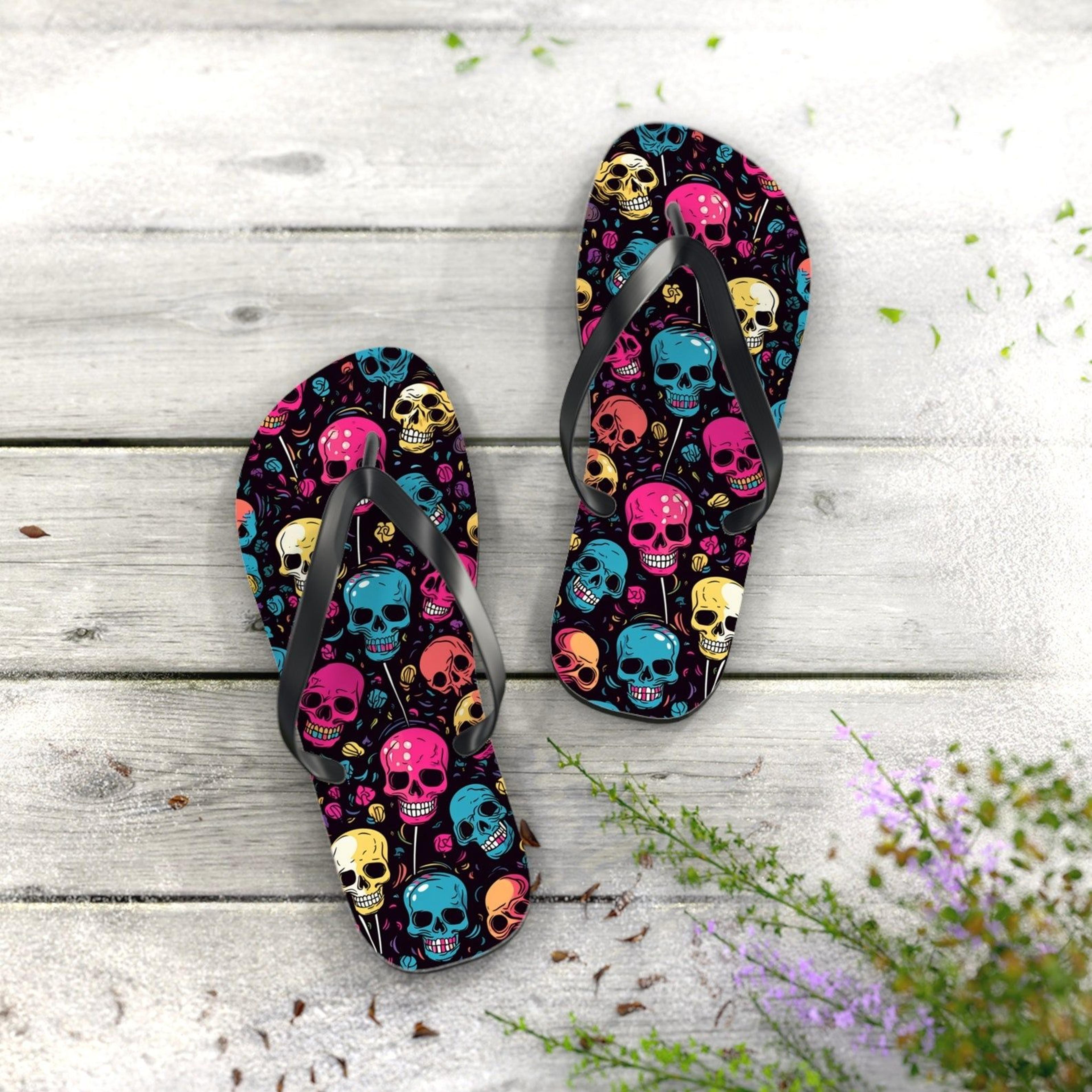 skull flip flops gothic colorful summer sandals beach gift for women and men