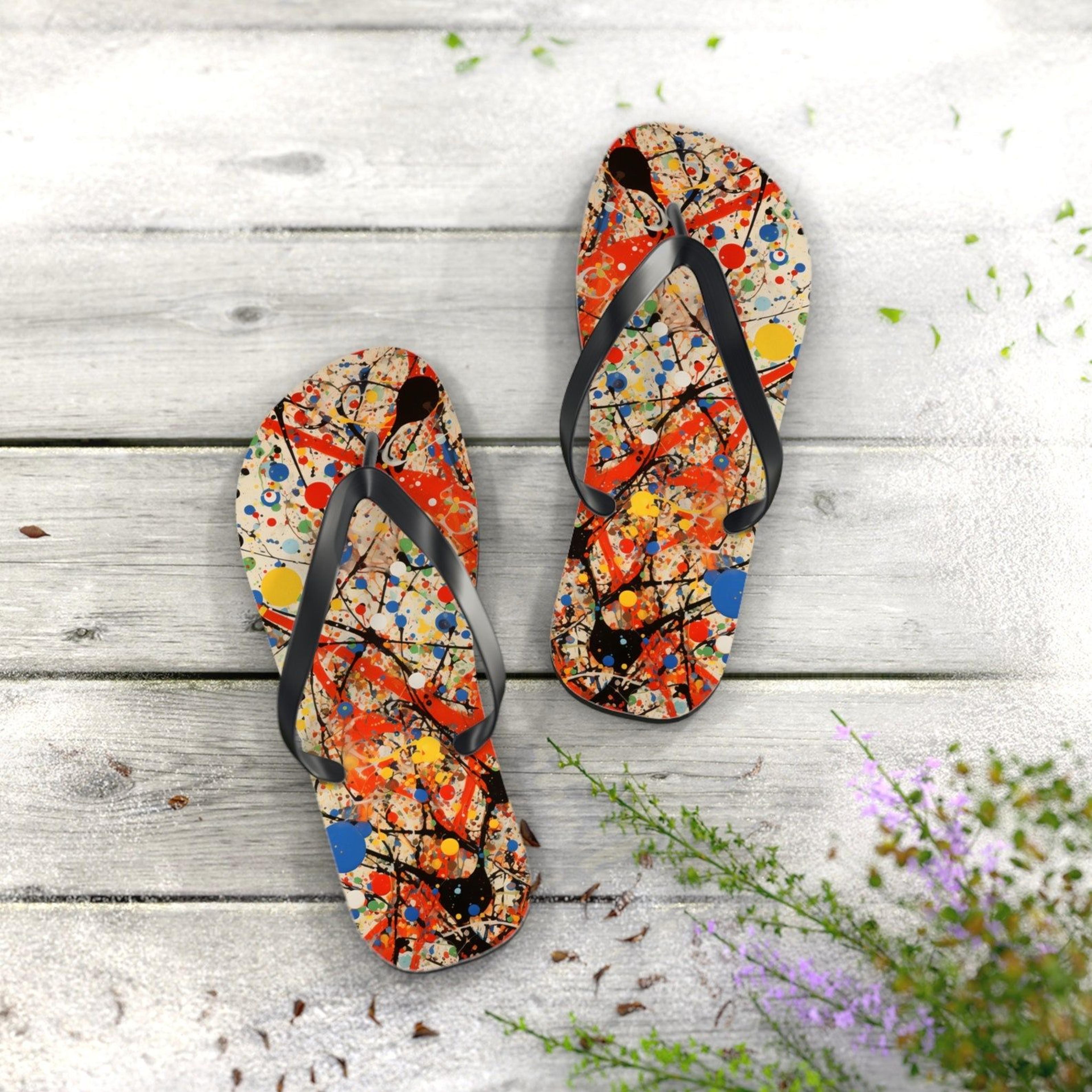 abstract art flip flops jackson pollock inspired colorful summer sandals gift for art loverss