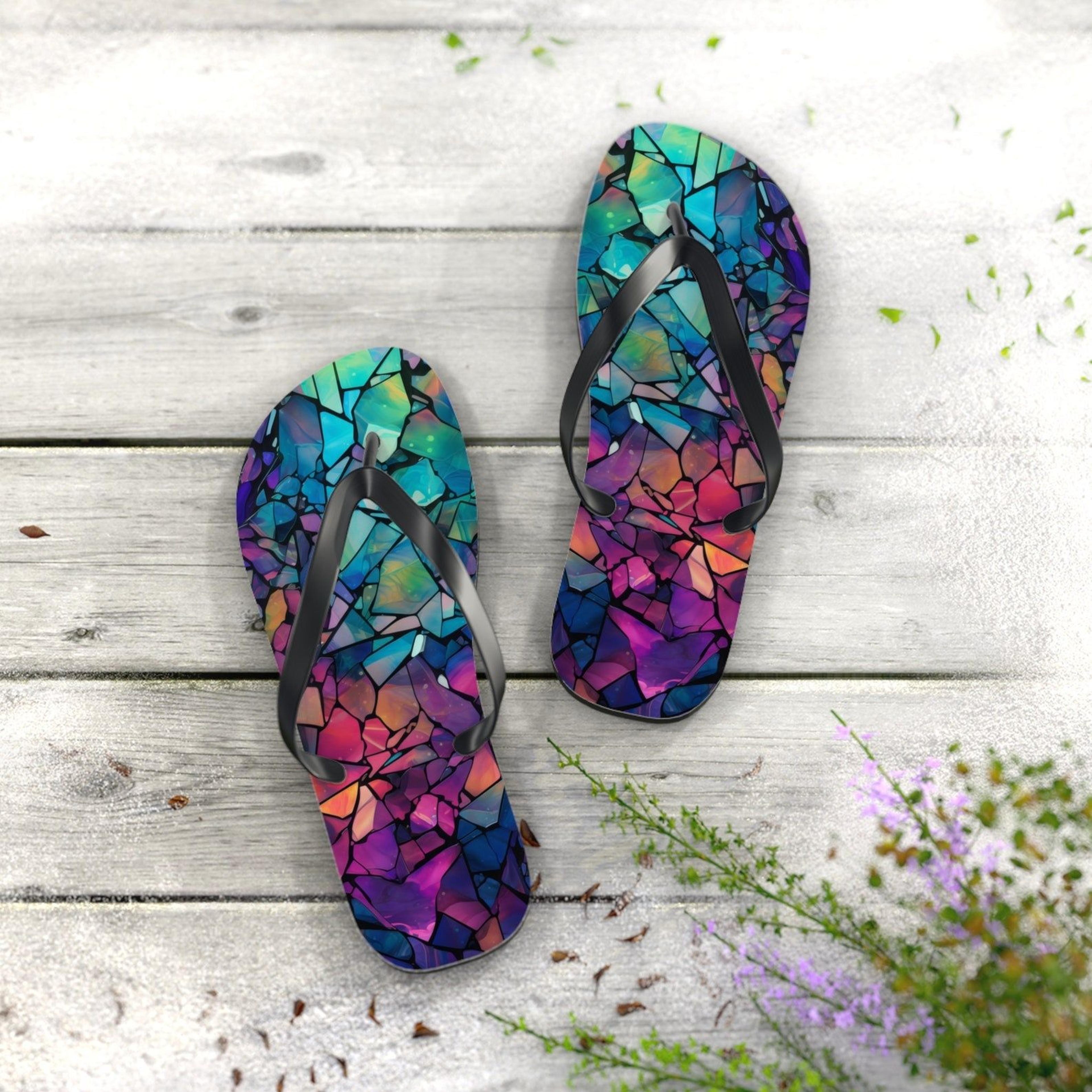 glass mosaic rainbow flip flops colorful summer beach sandals unique gift