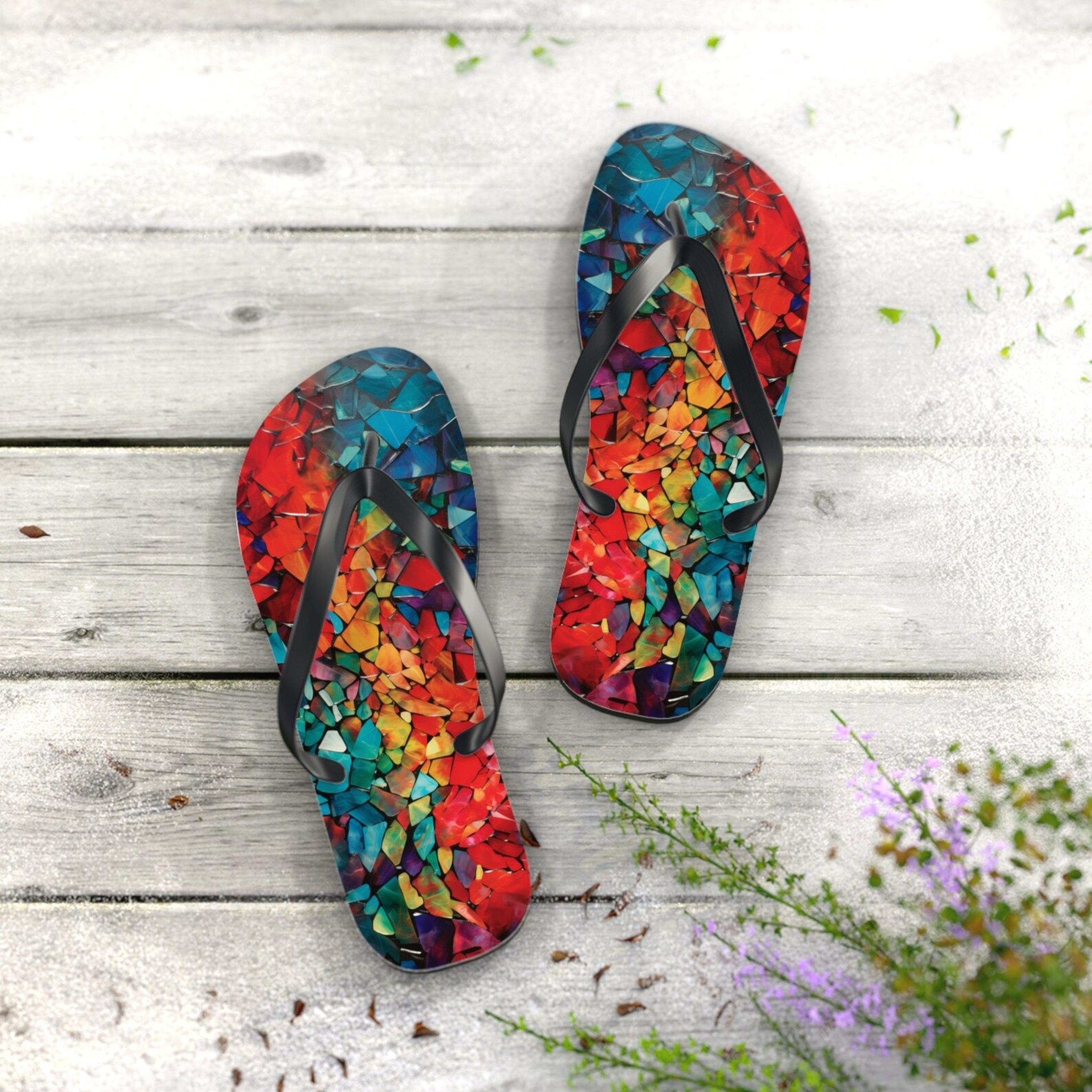 colorful glass mosaic flip flops for women | rainbow flip flops | beach summer sandals